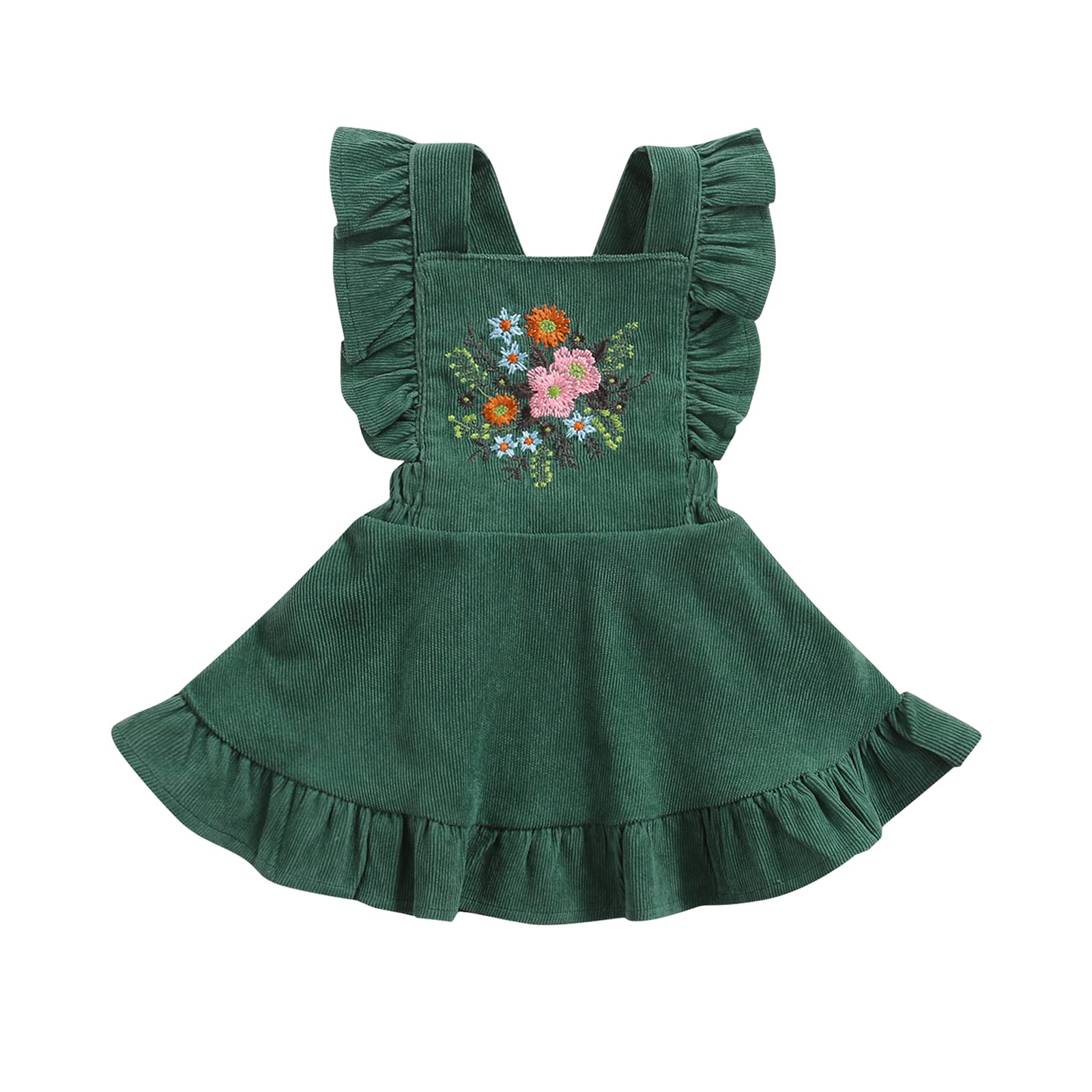 **Baby Girls Corduroy Suspender Dress - Floral Embroidered Ruffled Sleeveless Jumper Skirt for Fall & Winter Outfits | Perfect for Holidays, Family Photos & Casual Playdates**