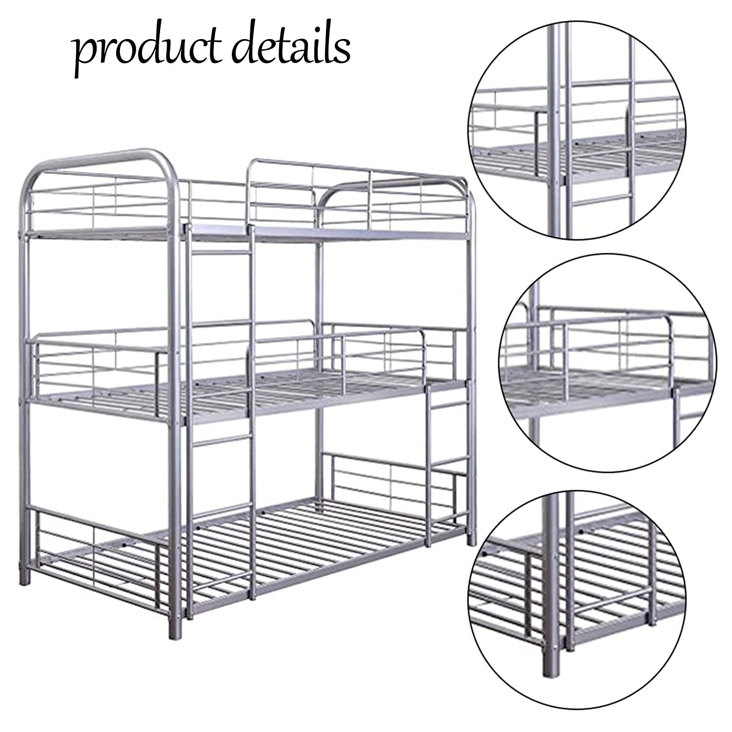 Sturdy Metal Triple Bunk Bed - Twin Over Full with Attached Loft Bed Frame | Safe Design with Ladders & Guardrails for Kids, Teens & Adults | Space-Saving Solution for Dorms, Guest Rooms & Small Apartments (Silver)