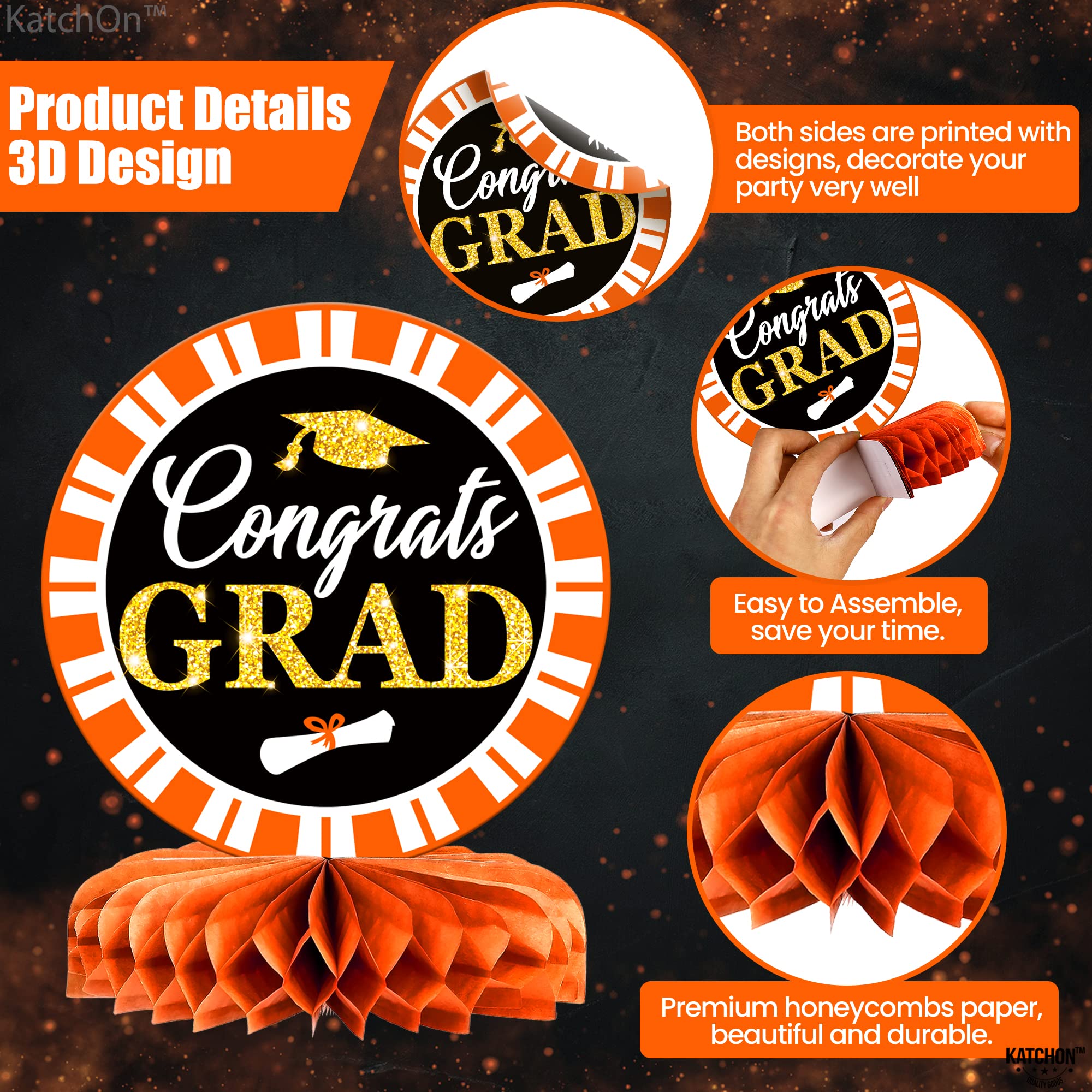 KatchOn Orange and Black Graduation Table Centerpieces - Pack of 9 | Class of 2025 Graduation Decorations | Perfect for Graduation Parties, Banquets & School Events