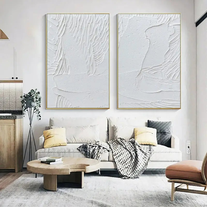 Minimalist White Textured Canvas Paintings - Set of 2 Abstract Wall Art for Living Room, Bedroom & Office Decor #MM047