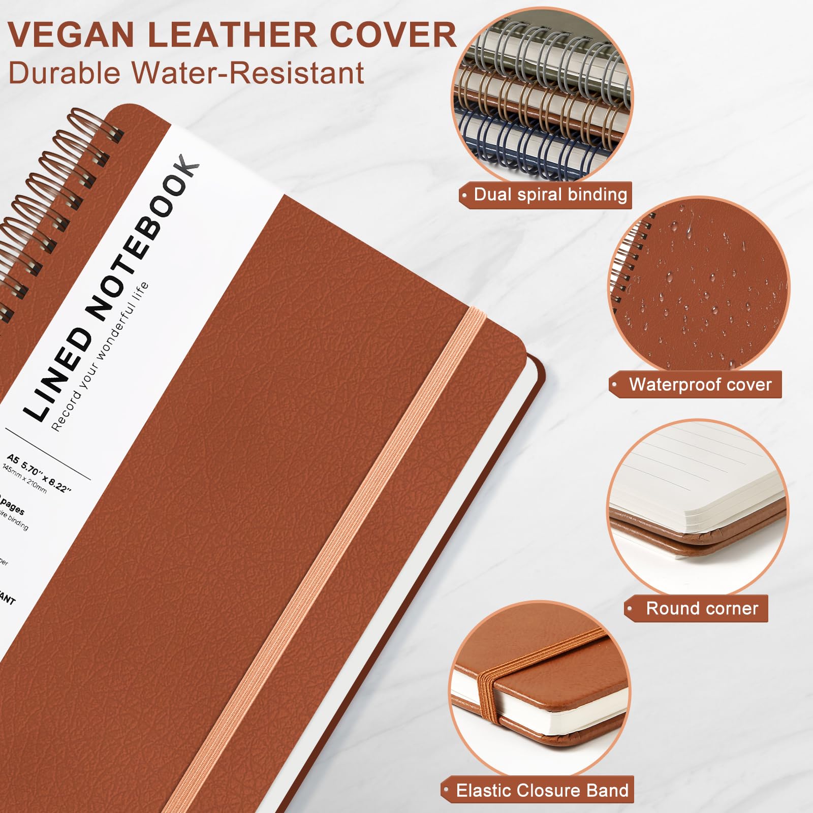 Premium A5 Hardcover Leather Spiral Notebook - 5.7