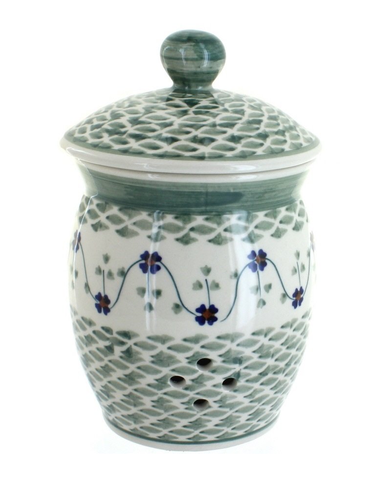 Blue Rose Polish Pottery Sage Floral Garlic Keeper - Handmade Ceramic Garlic Storage Container for Kitchen, Pantry & Dining Room Decor