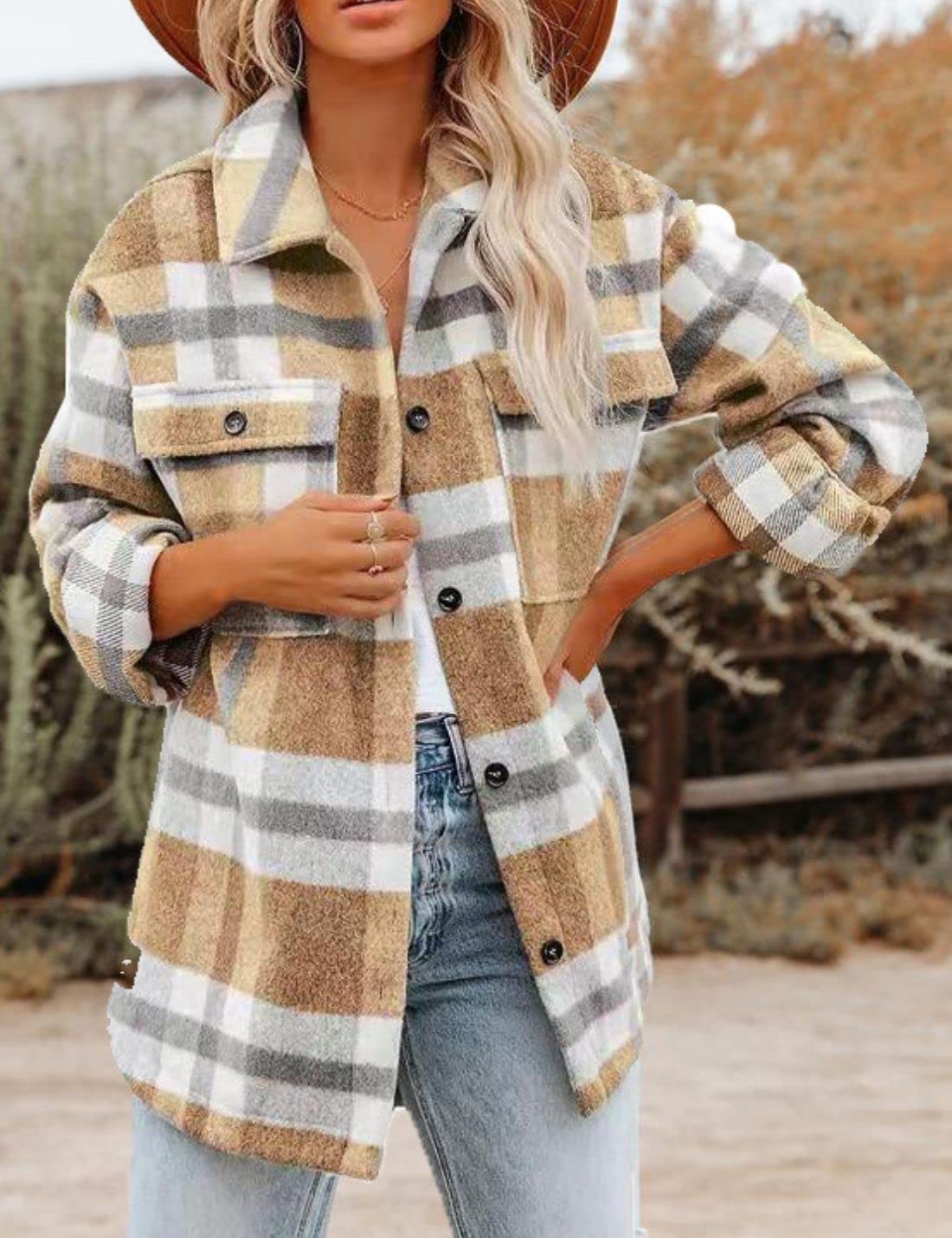 Happlan Women's Long Sleeve Plaid Shacket Jacket - Casual Lapel Tweed Pea Coat for Fall & Winter | Perfect for Office, Dating, and Outdoor Activities