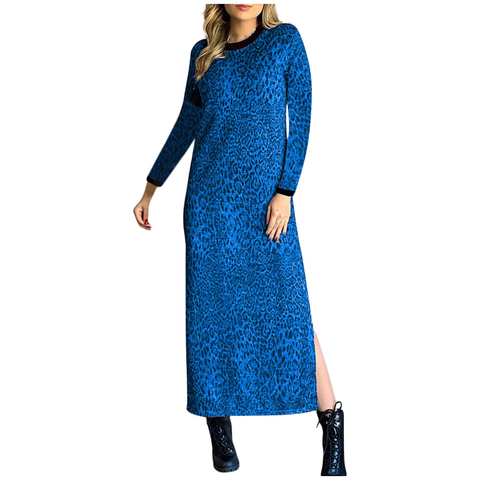 Women's Plus Size Leopard Print Maxi Dress - Long Sleeve Casual Fall Dress for Wedding Guest & Special Occasions | Fashionable Autumn Outfit 2021
