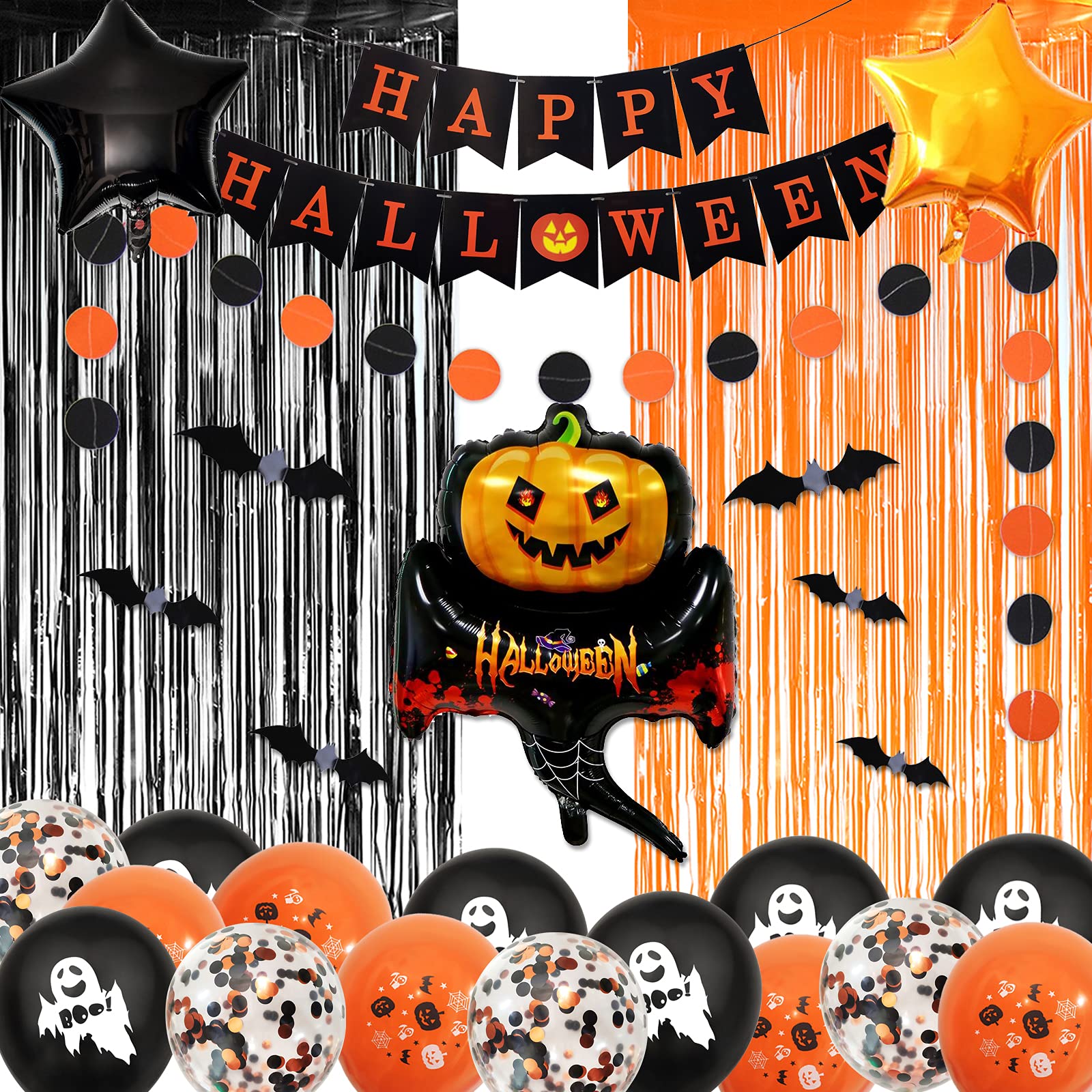 Halloween Party Decorations Set - Happy Halloween Banner, Black & Orange Balloons Arch, Hanging Decor with Foil Balloons & Curtains for Indoor Halloween Decor - Perfect for Halloween Parties, Home Decor, and Spooky Events