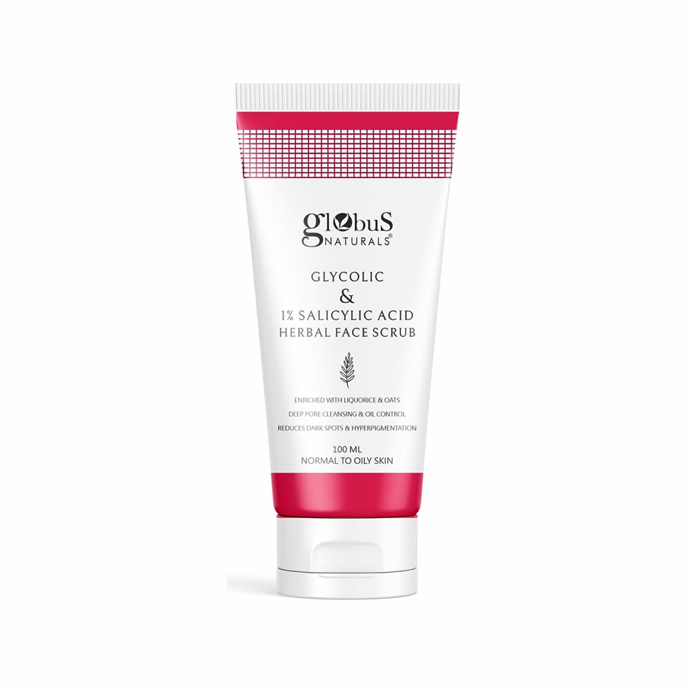 Globus Naturals Glycolic & 1% Salicylic Acid Anti-Acne Face Scrub with Licorice & Oats – Deep Pore Cleanser for Oily Skin, Reduces Dark Spots & Hyperpigmentation – 100g | Perfect for Daily Exfoliation & Acne-Prone Skin Care Routine