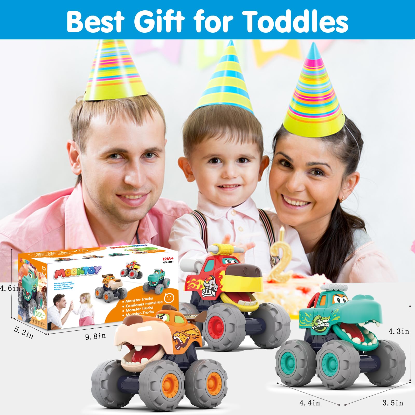 MOONTOY Pull Back Toy Cars Set - 3 Pack Friction Powered Vehicles for 1-3 Year Old Boys (Bull Truck, Leopard Truck, Crocodile Truck) | Push and Go Toddler Toys | Perfect Birthday Gift & Early Learning Play for Babies | Great for Indoor Play, Car Races, and Preschool Development
