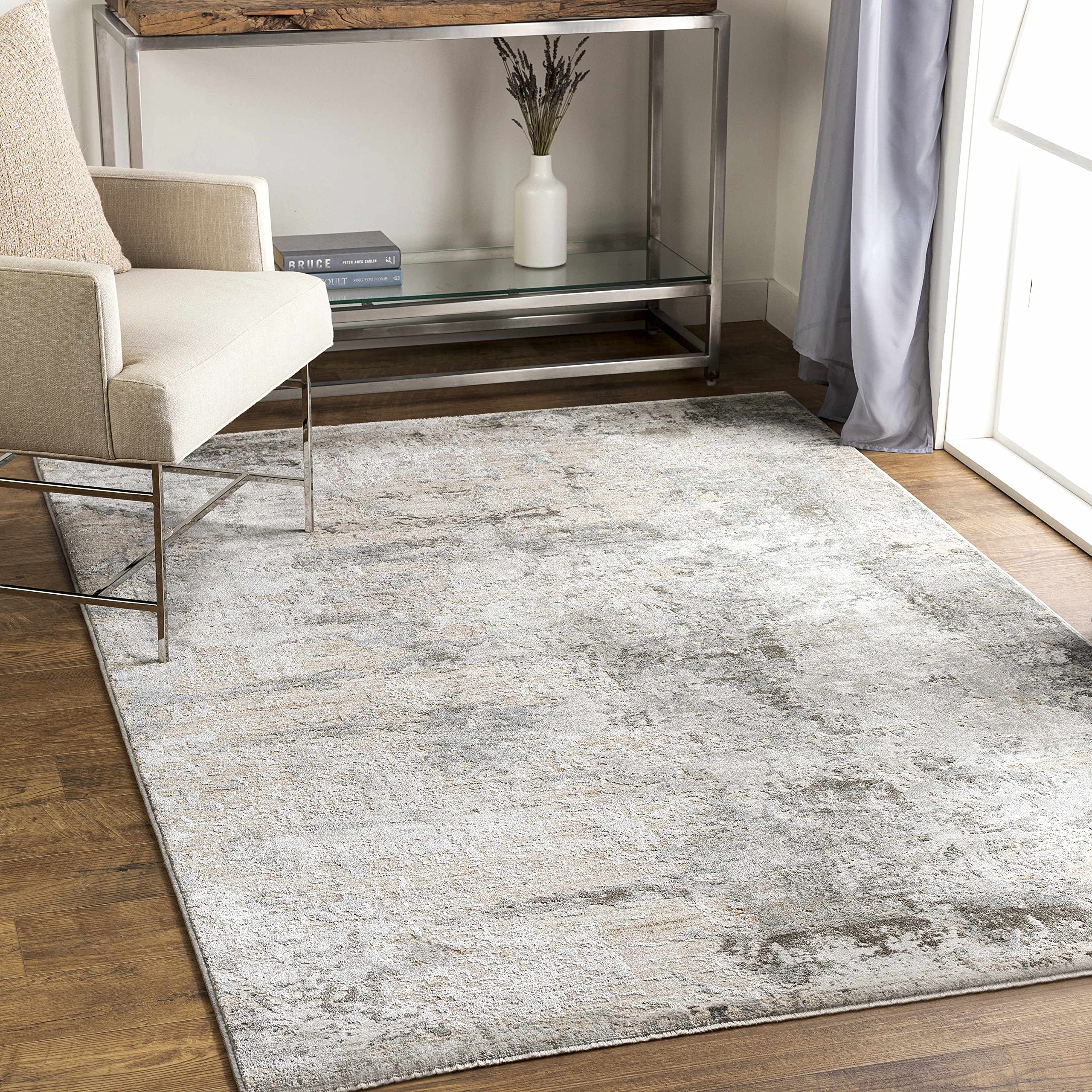 Modern Hauteloom Bennet Area Rug for Living Room & Bedroom - Soft Gray & Green Accent - 6'7