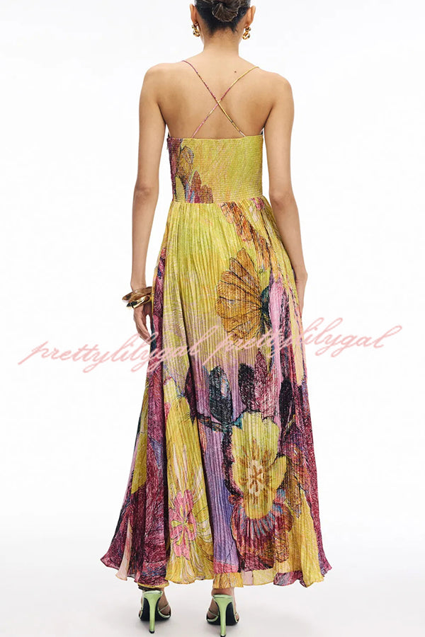Elegant Floral Print Sweetheart Neck Pleated Maxi Dress for Women | Summer Beach Wedding Party Cocktail Dress