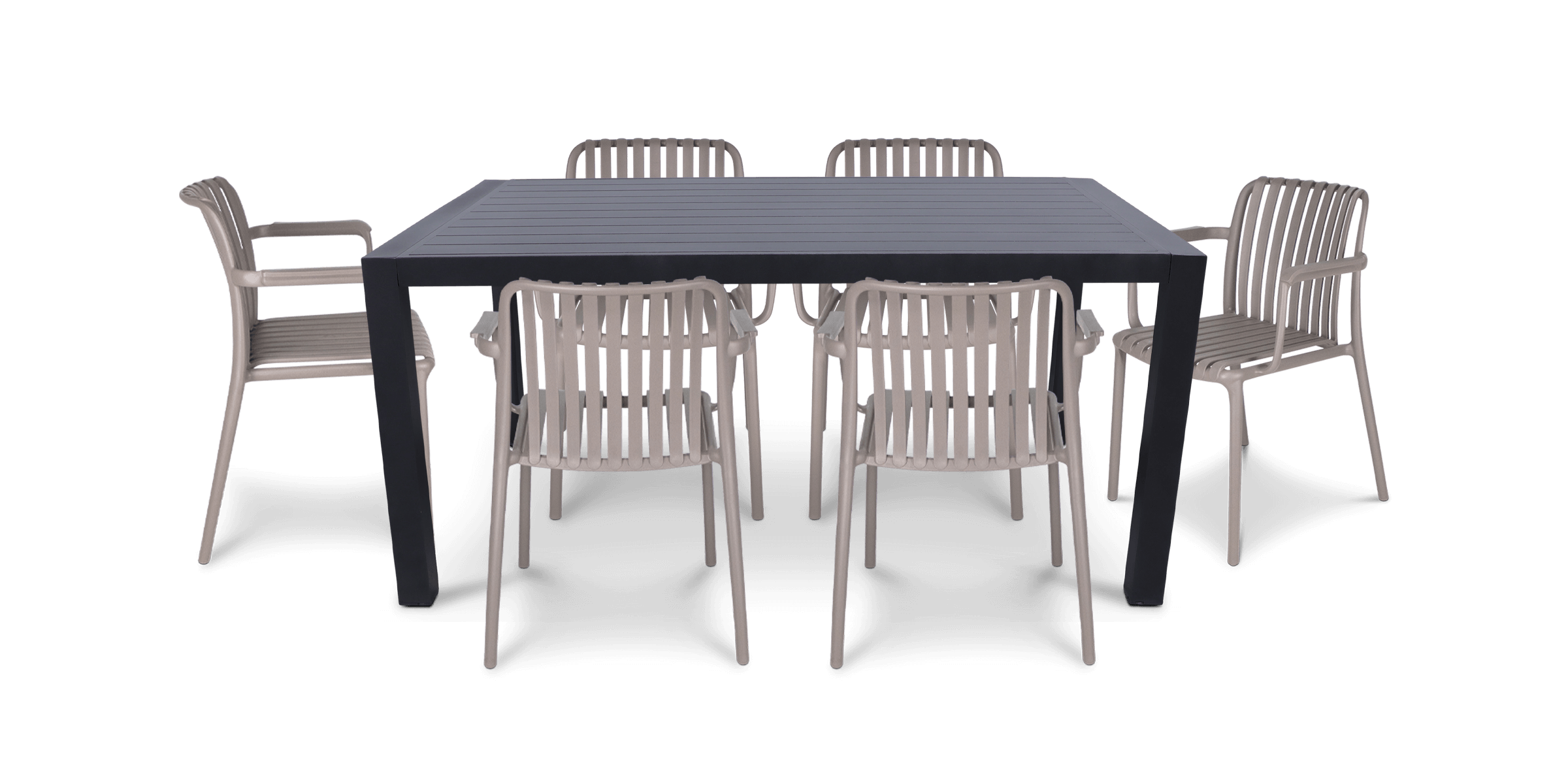 Premium 7-Piece Bahamas Rectangle Outdoor Dining Set in Gunmetal - UV-Resistant Plastic Chairs (PP) for Patio, Garden, Poolside & Backyard Entertaining