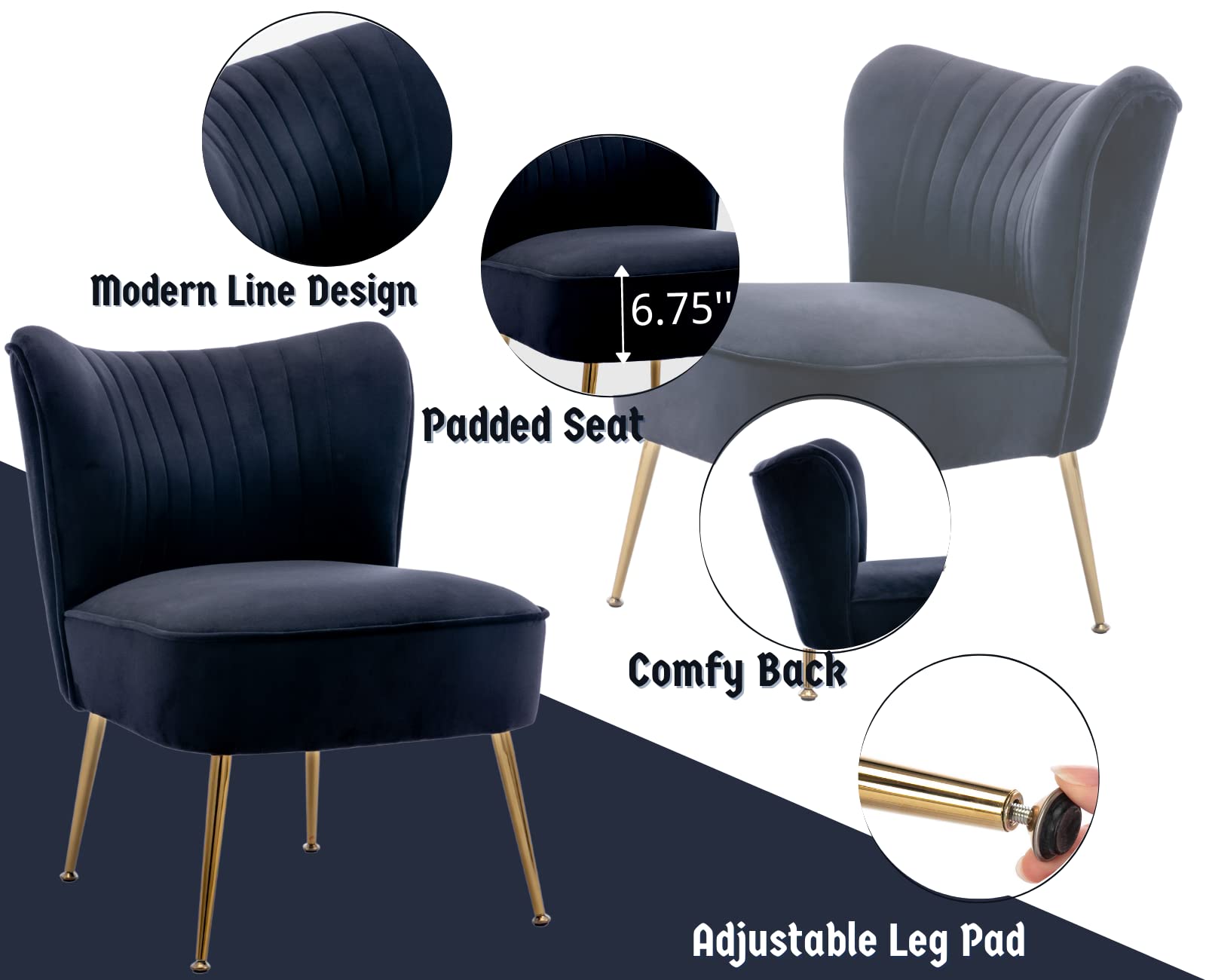 CIMOTA Velvet Black Accent Chairs Set of 2 - Modern Armless Slipper Chairs with Golden Legs, Wingback Design for Living Room, Bedroom - Perfect for Reading Nook, Lounge Area & Home Decor