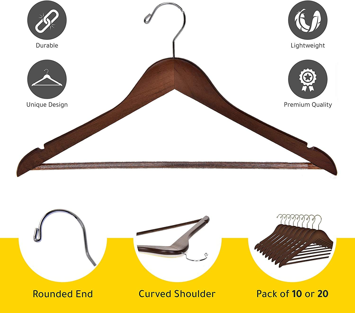 Premium Solid Wooden Hangers 30-Pack - Slightly Curved Design with Chrome Hooks for Clothes, Jackets & Suits - Heavy Duty Walnut Wood Coat Hangers for Wardrobe Organization - Perfect for Home, Closet, Laundry Room & Retail Stores