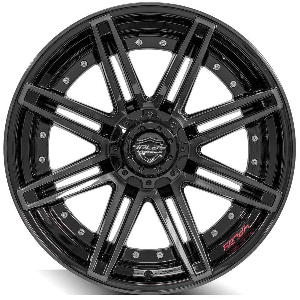 4Play Gen2 4P08 Gloss Black Wheels 22x10.0 with Brushed Face & Tinted Clear - 5x127/5x139.7mm Bolt Pattern 87.1mm Hub - Perfect for Trucks, SUVs, and Off-Road Vehicles