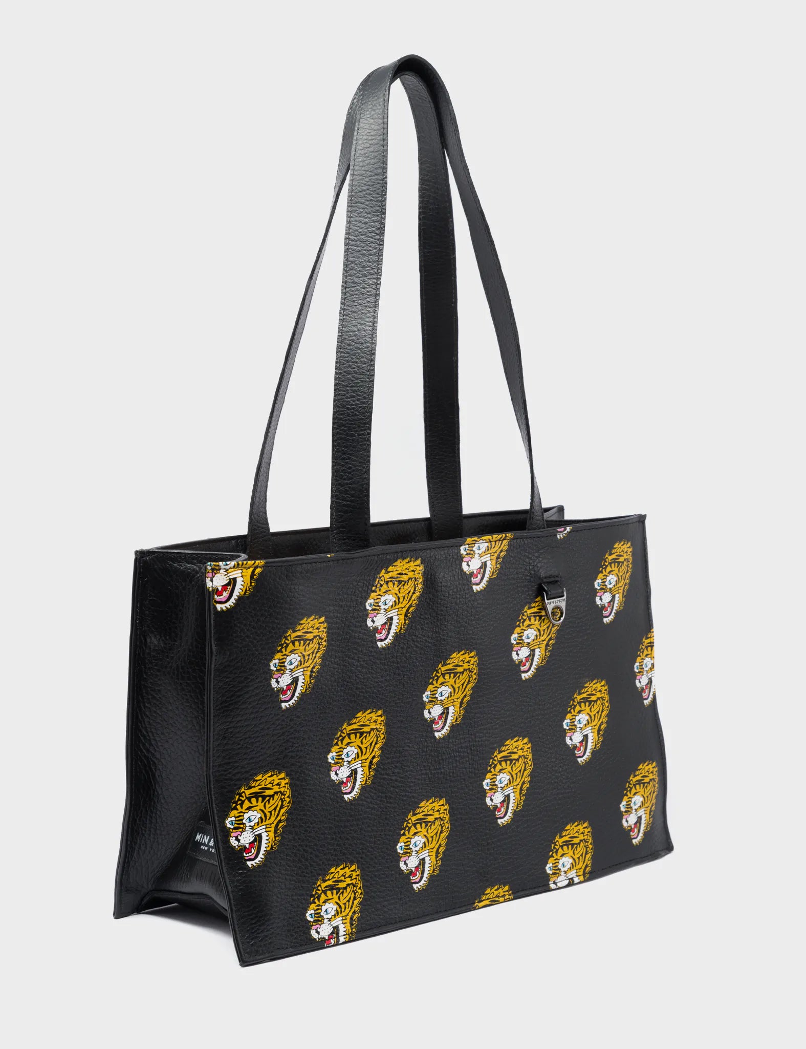 Stylish Marko Small Black Leather Tote Bag with Exquisite Blazing Tiger Print - Perfect for Work, Travel & Everyday Use