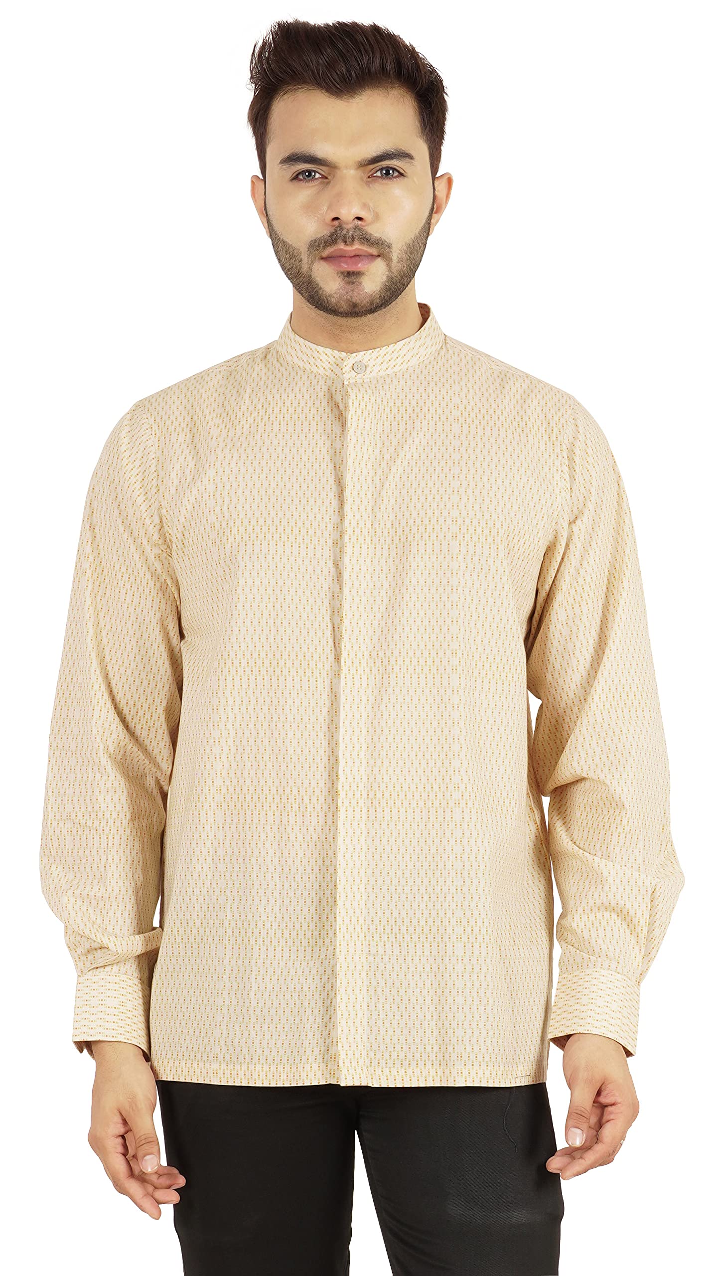 BESTMAN Men's Printed Mandarin Collar Long Sleeve Shirt - Office Wear & Business Casual Regular Fit Button Down Shirt for Work, Meetings, and Formal Occasions