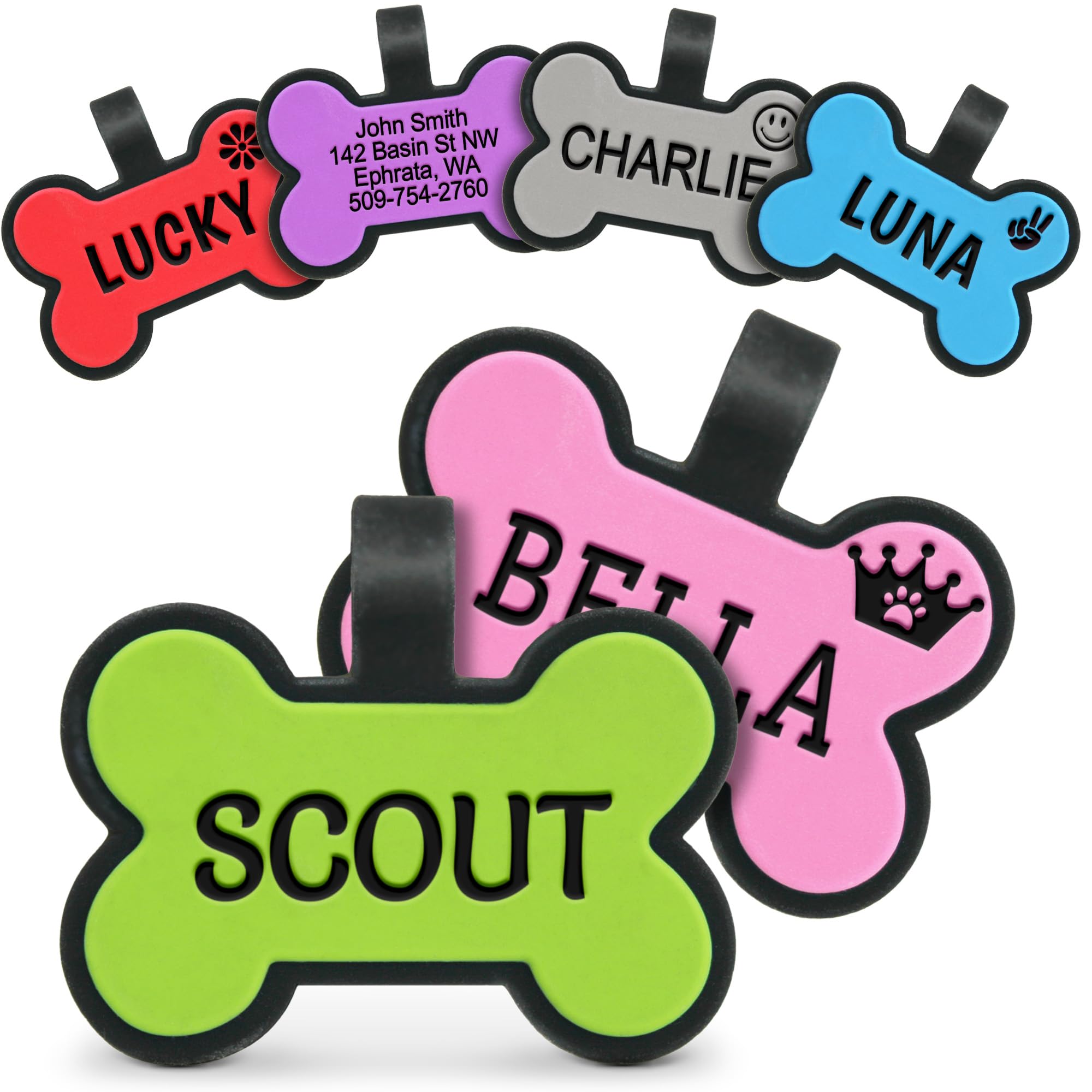 Silent Personalized Pet ID Tags - Engravable Soundless Dog & Cat Tags with Custom Designs (Bone Shape, Green) | Perfect for Quiet Nighttime Walks & Noise-Sensitive Pets