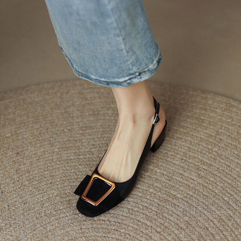 Lovevop Classic Women's Sandals with Metal Decoration - Thick Heel Square Toe Pumps for Office & Casual Wear - Comfortable Ladies Shoes in Mixed Colors for Work, Dating & Special Occasions