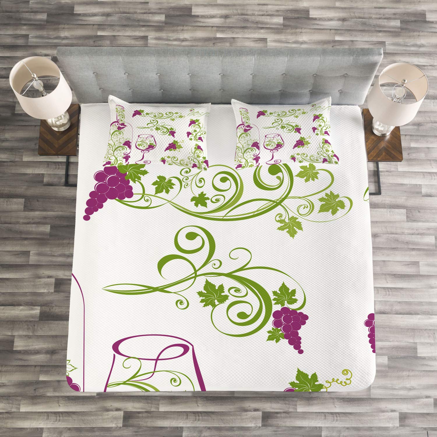 Ambesonne 3-Piece King Size Wine Themed Bedspread Set - Purple, Lime Green & White Grapevines Design with Swirled Branches, Includes Coverlet and 2 Pillow Shams - Perfect for Wine Lovers' Bedroom Decor, Vineyard Weddings, and Themed Guest Rooms