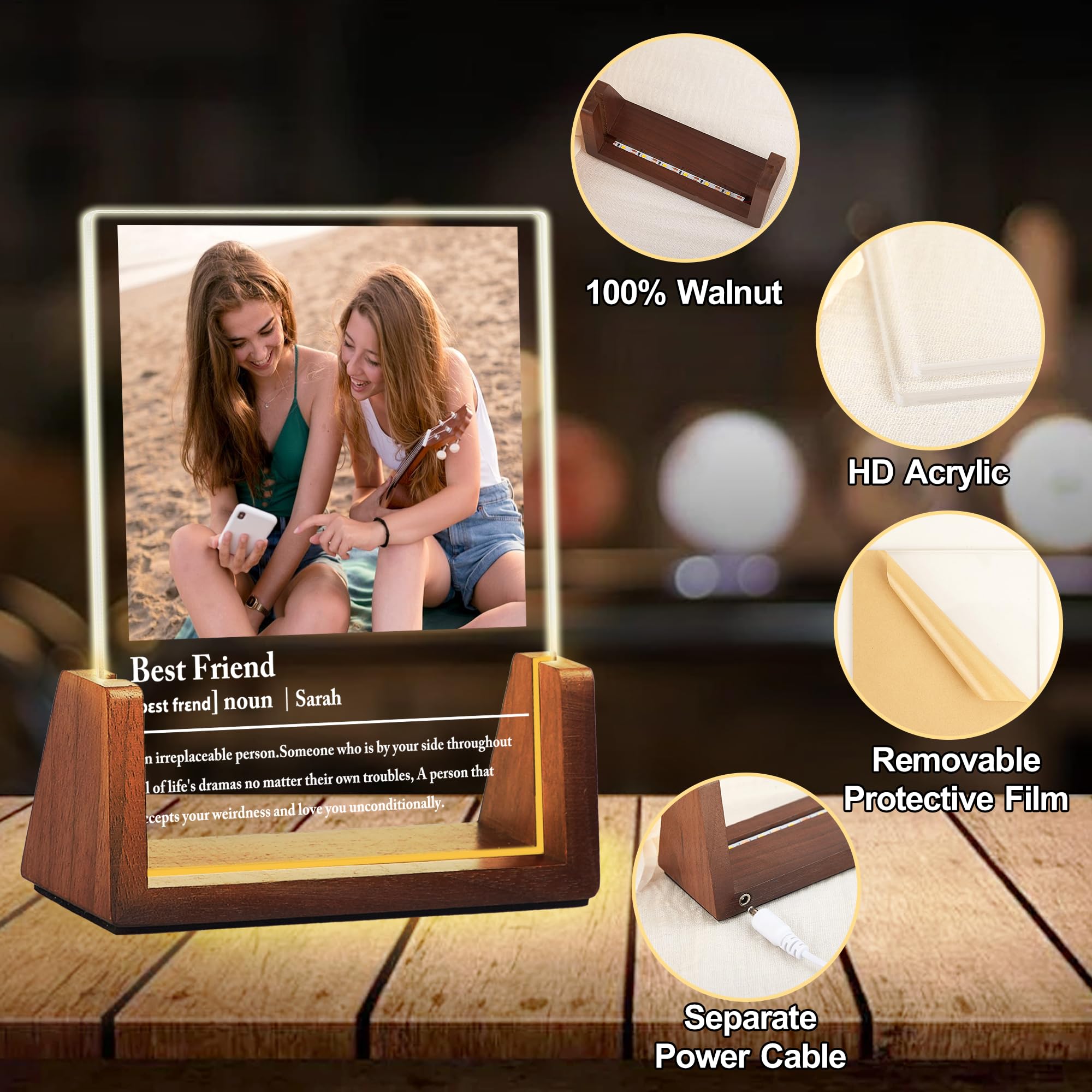 **Personalized Best Friend Birthday Gifts for Women - Custom Acrylic Night Light Picture Frame - Unique Long Distance Soul Sister Besties Christmas Gifts (Perfect for Home Decor, Bedroom, Office & Special Occasions)**