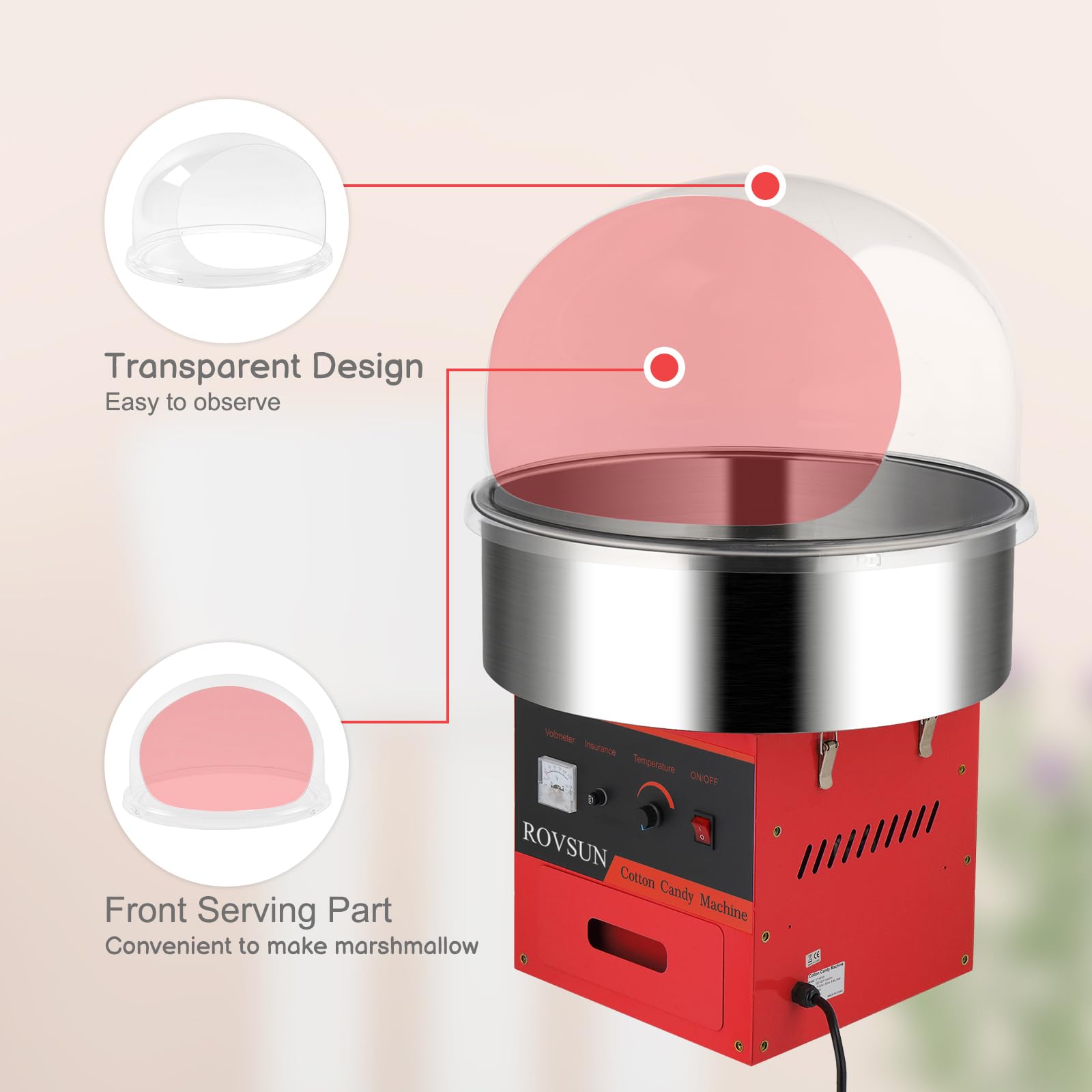 ROVSUN 21 Inch Commercial Cotton Candy Machine - Electric Candy Floss Maker with Stainless Steel Bowl, Cover, Sugar Scoop & Storage Drawer - Perfect for Parties, Carnivals, Fairs & Home Use (Red)