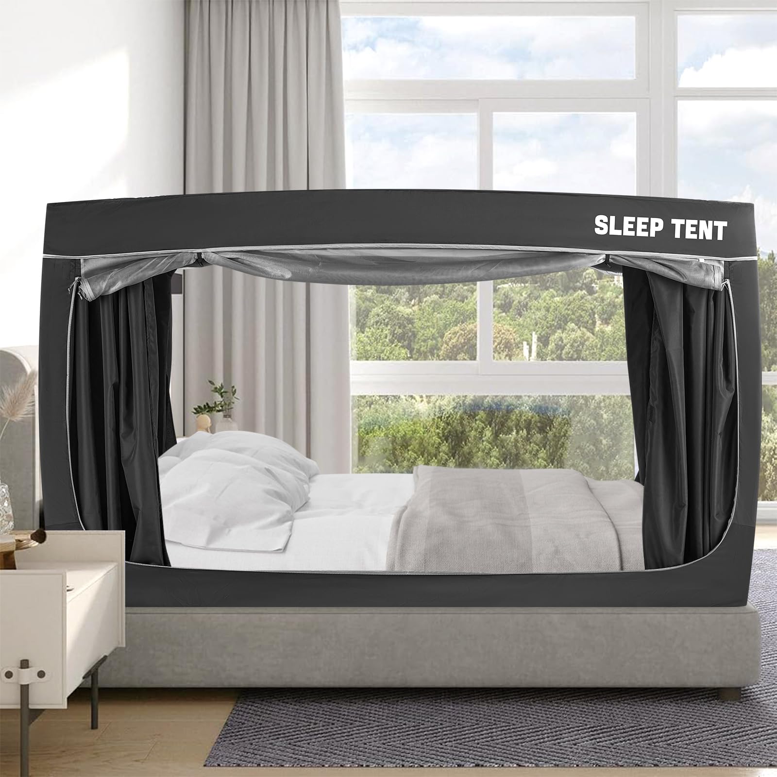 BORNA Twin Size Bed Tent for Adults & Kids - Mosquito Net Canopy with 80% Blackout, Breathable Privacy Shelter, 4 Doors - Indoor Portable Sleeping Tent for Camping, Dorm Rooms & Privacy Spaces