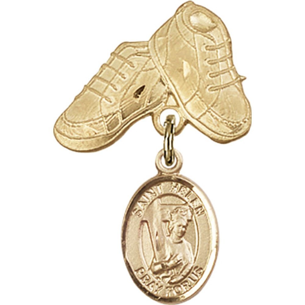 Bonyak Jewelry Gold Filled Saint Medal Charm - St. Helen & Baby Boots Pin (1 X 5/8 inches) for Baptism Gifts, Christening Jewelry & Religious Keepsakes