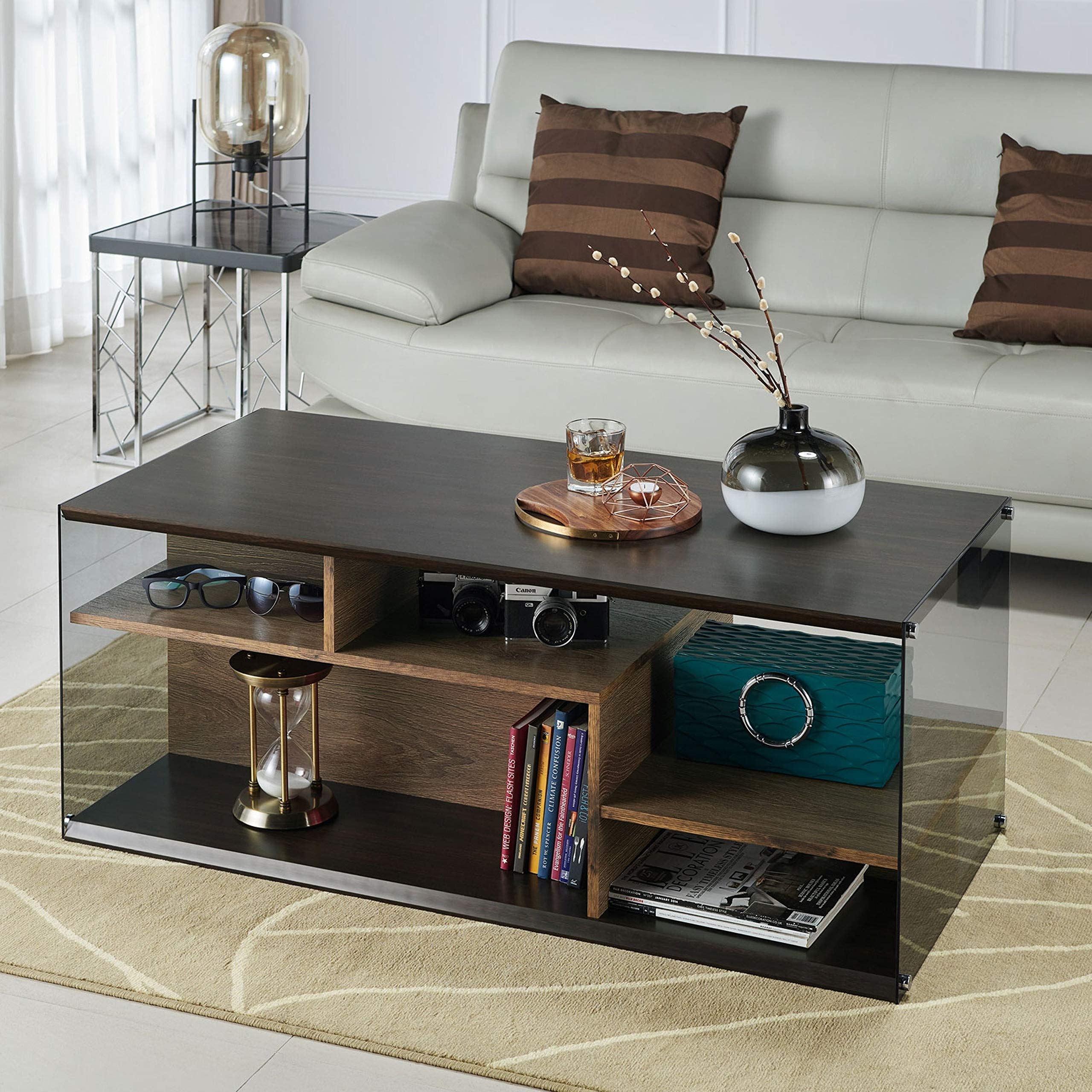 Modern Rectangle Glass Coffee Table with MDF Finish - Contemporary Brown Living Room Furniture for Home Decor - Includes Hardware for Easy Assembly - Perfect for Living Room, Lounge, or Office Space