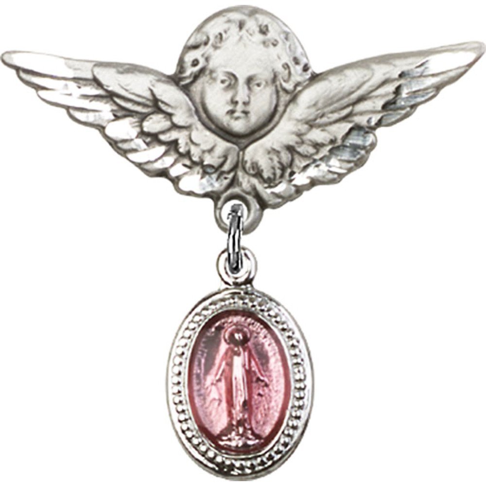 925 Sterling Silver Baby Badge with Pink Miraculous Charm & Angel Wing Pin - 1 1/8 X 1 1/8 Inch - Perfect for Christening Gifts, Baby Showers & Keepsakes