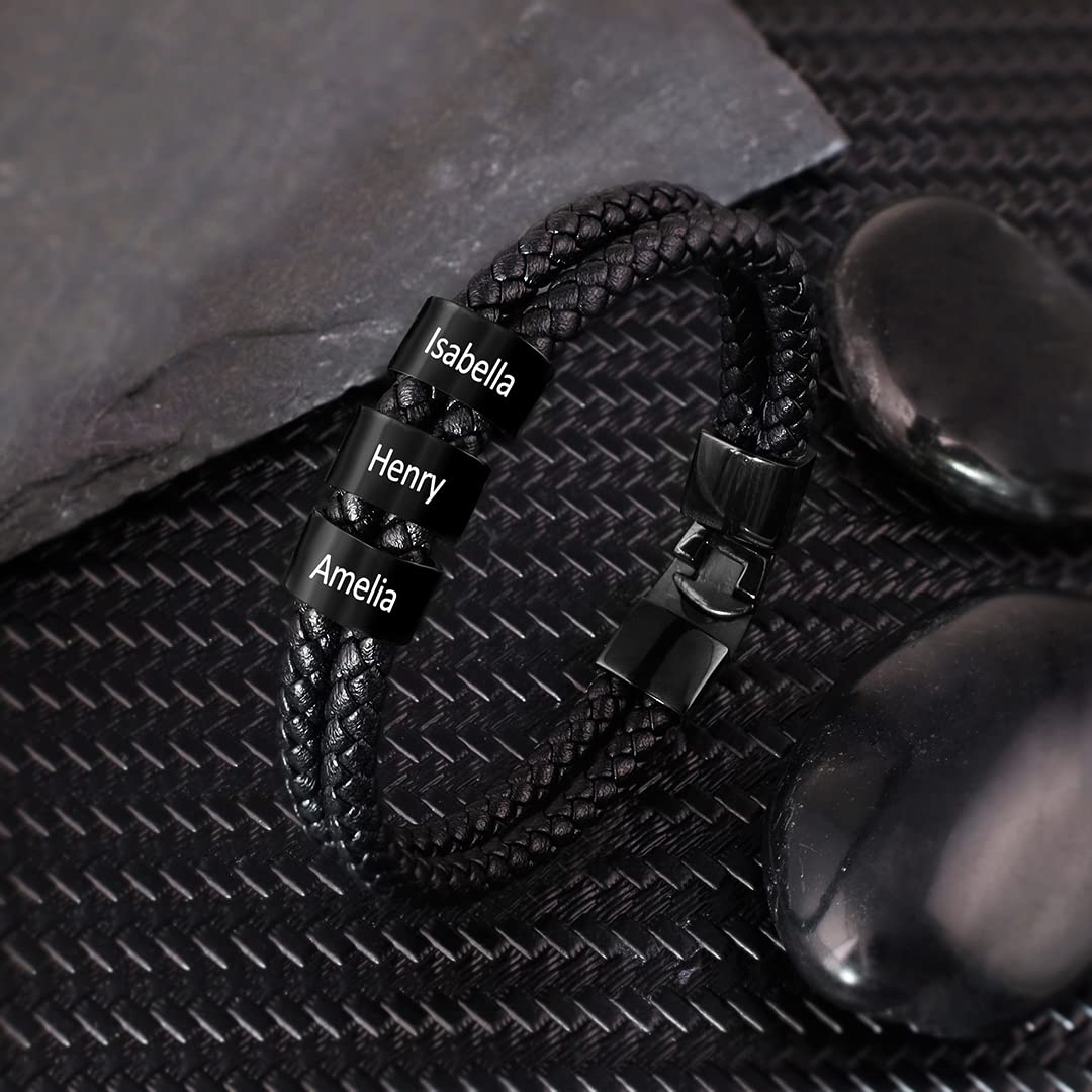 Custom Personalized Men's Leather Bracelet - Black Braided Rope with 1-8 Name Beads - Adjustable Wristband for Gifts, Couples, Father's Day & Everyday Wear