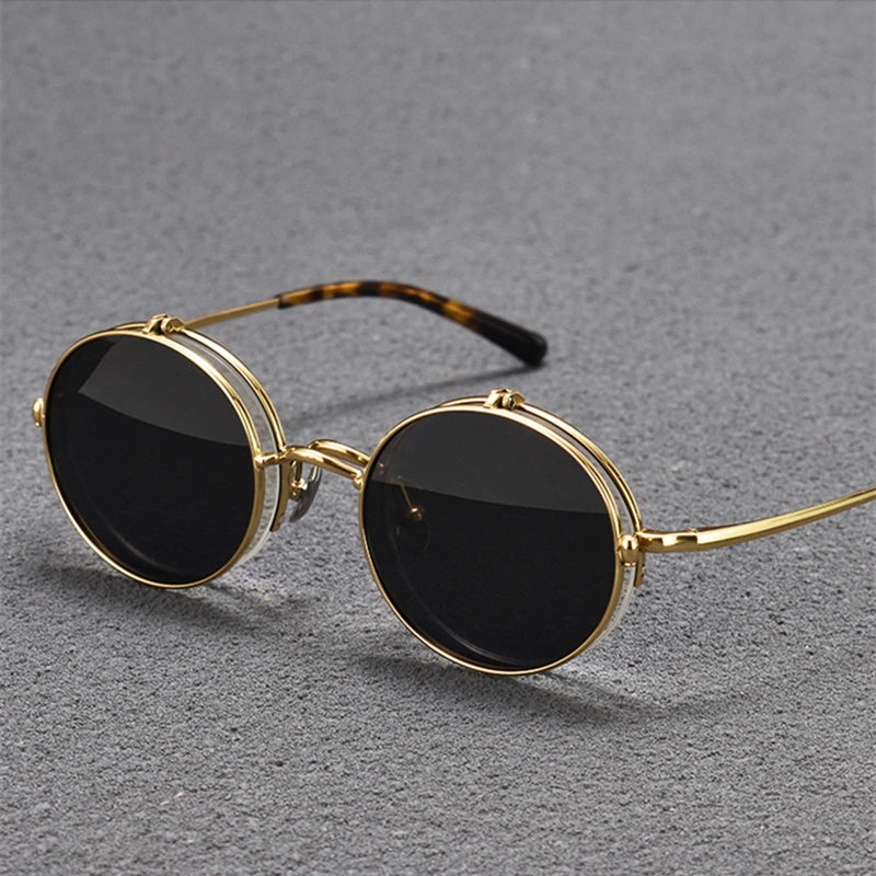 Unisex Black Titanium Semi-Rim Round Flip-Up Polarized Sunglasses K54 - Stylish & Durable for Driving, Outdoor Sports & Fashion