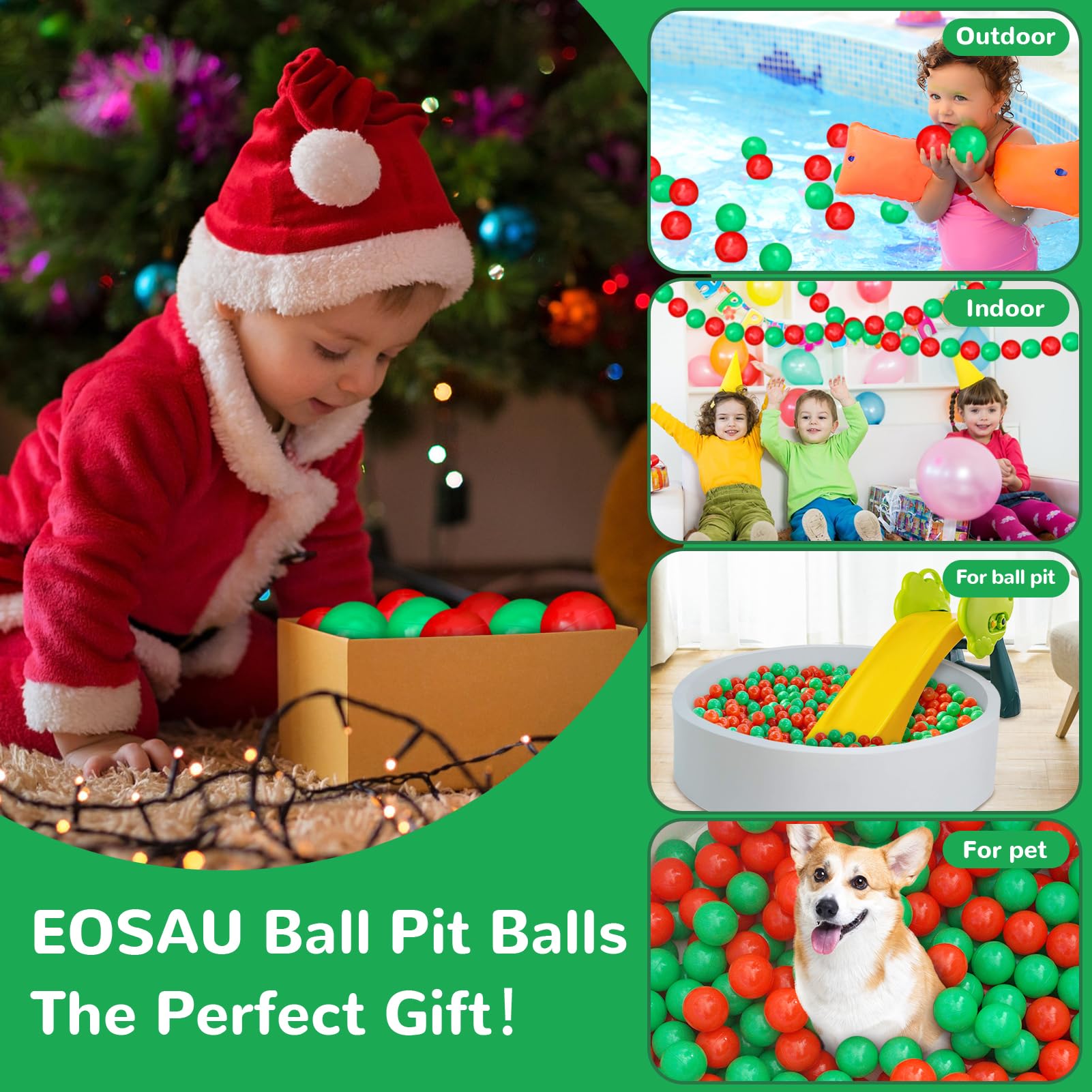 100 Phthalate-Free & BPA-Free Crush-Proof 2.16 Inch Plastic Ball Pit Balls for Kids - Safe Toddler Toys for Indoor Play Tents, Pools & Birthday Gifts (Red & Green)