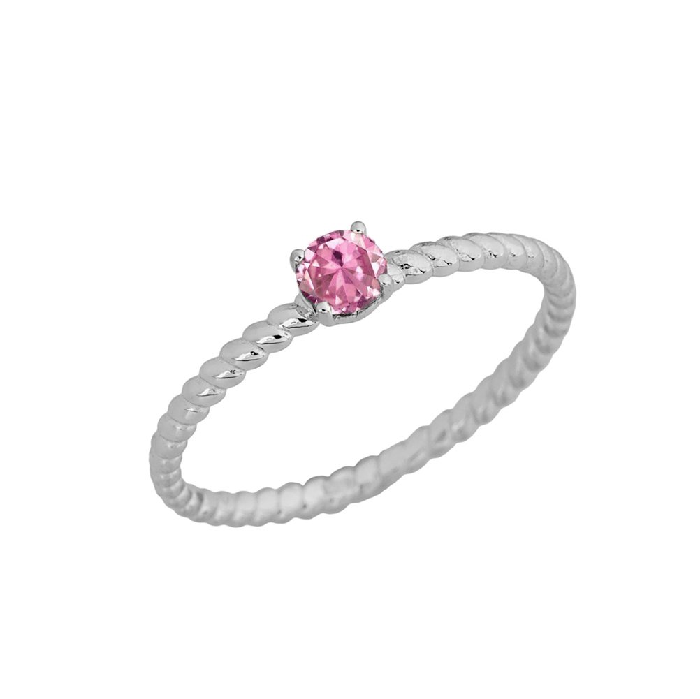 10k White Gold Stackable Pink CZ Solitaire Rope Ring - Elegant Promise & Engagement Ring for Women, Perfect for Stacking, Anniversary Gifts & Everyday Wear