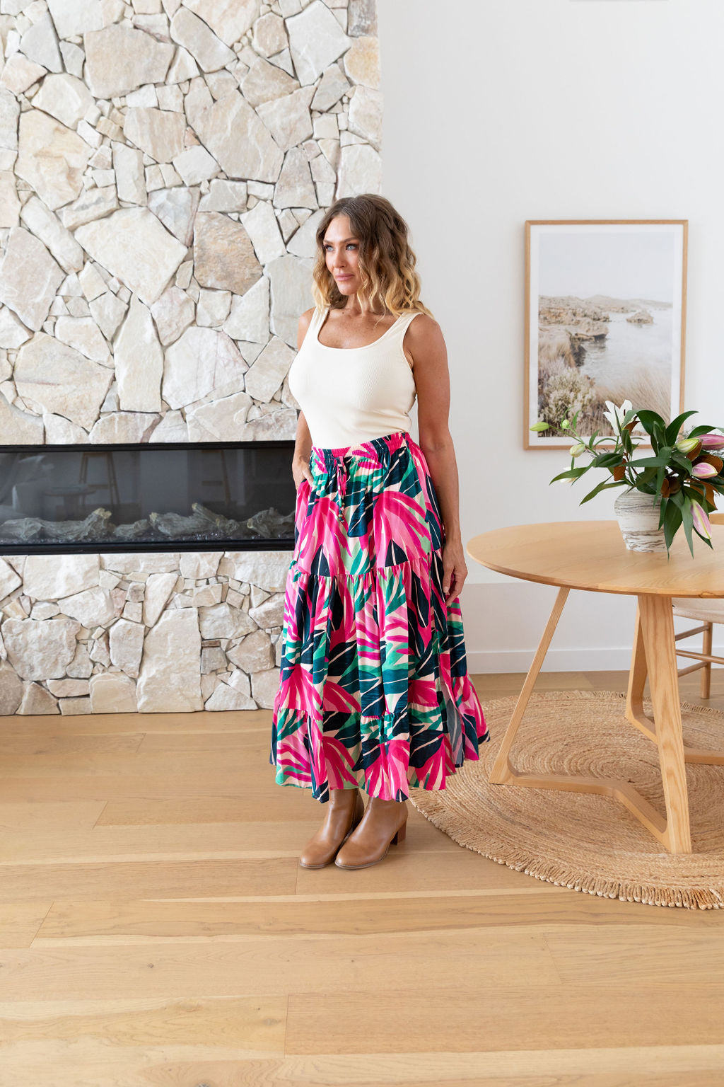 Carrie Skirt in Jungle Pink - Women's Floral A-Line Midi Skirt with Pockets | Perfect for Spring Outfits, Office Wear & Casual Dates