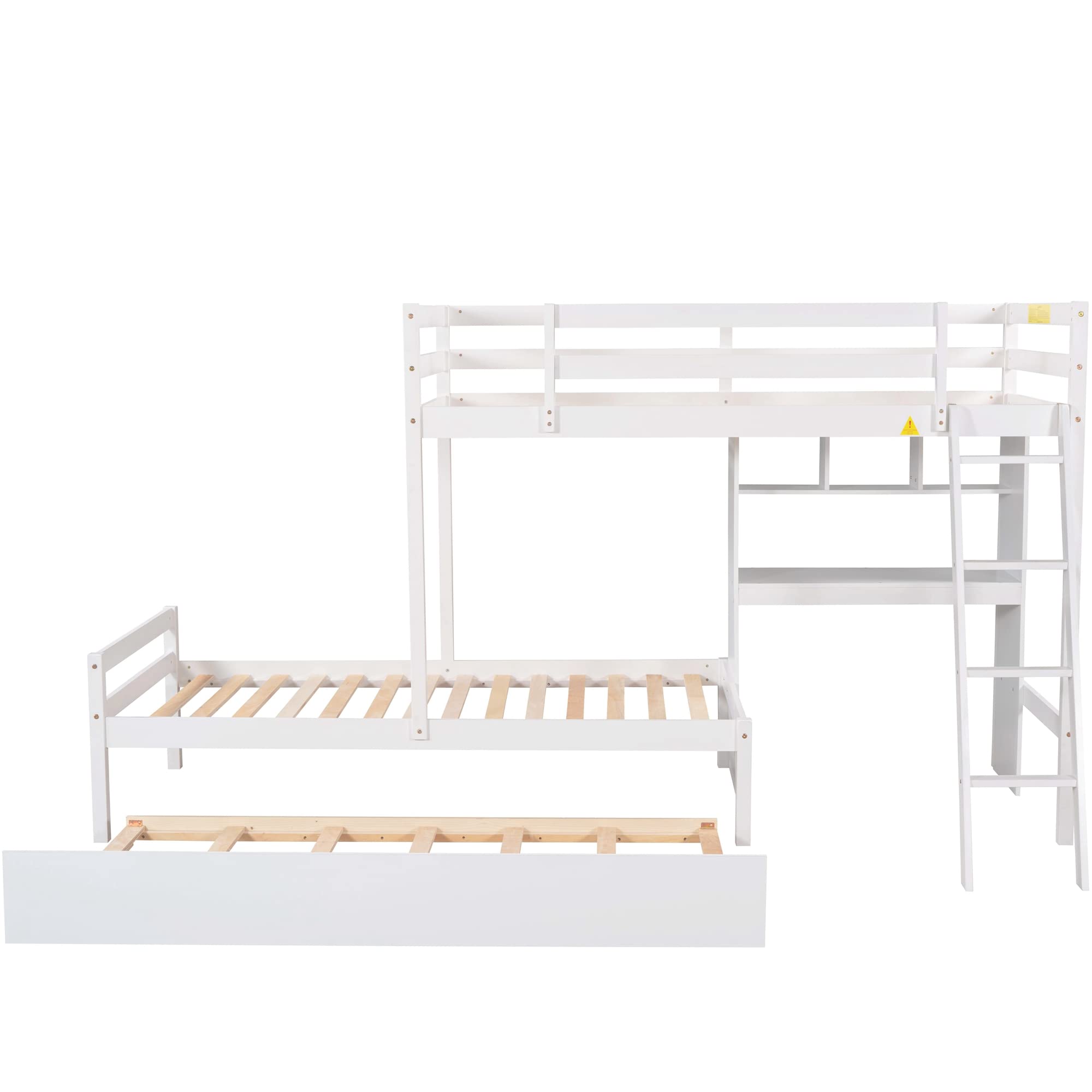 Convertible Twin Over Twin Wooden Bunk Bed with Built-in Desk, Bookshelves & Trundle - 3-in-1 Space Saving Design (White) - Perfect for Kids' Bedroom, Guest Room & Small Spaces