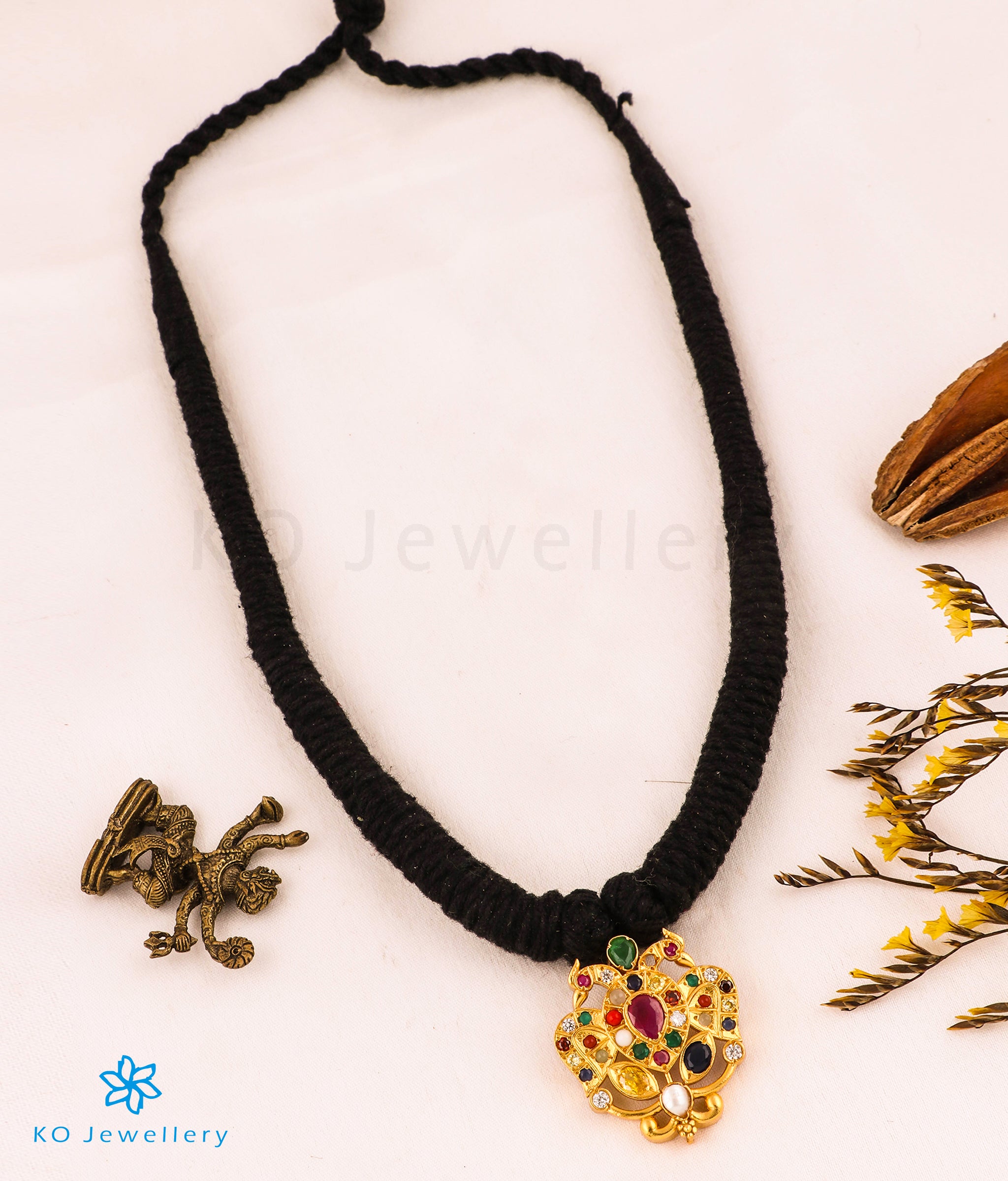 Avani Gandaberunda Silver Navratna Thread Necklace (Black) - Authentic Indian Jewelry for Women - Perfect for Festivals, Weddings & Special Occasions
