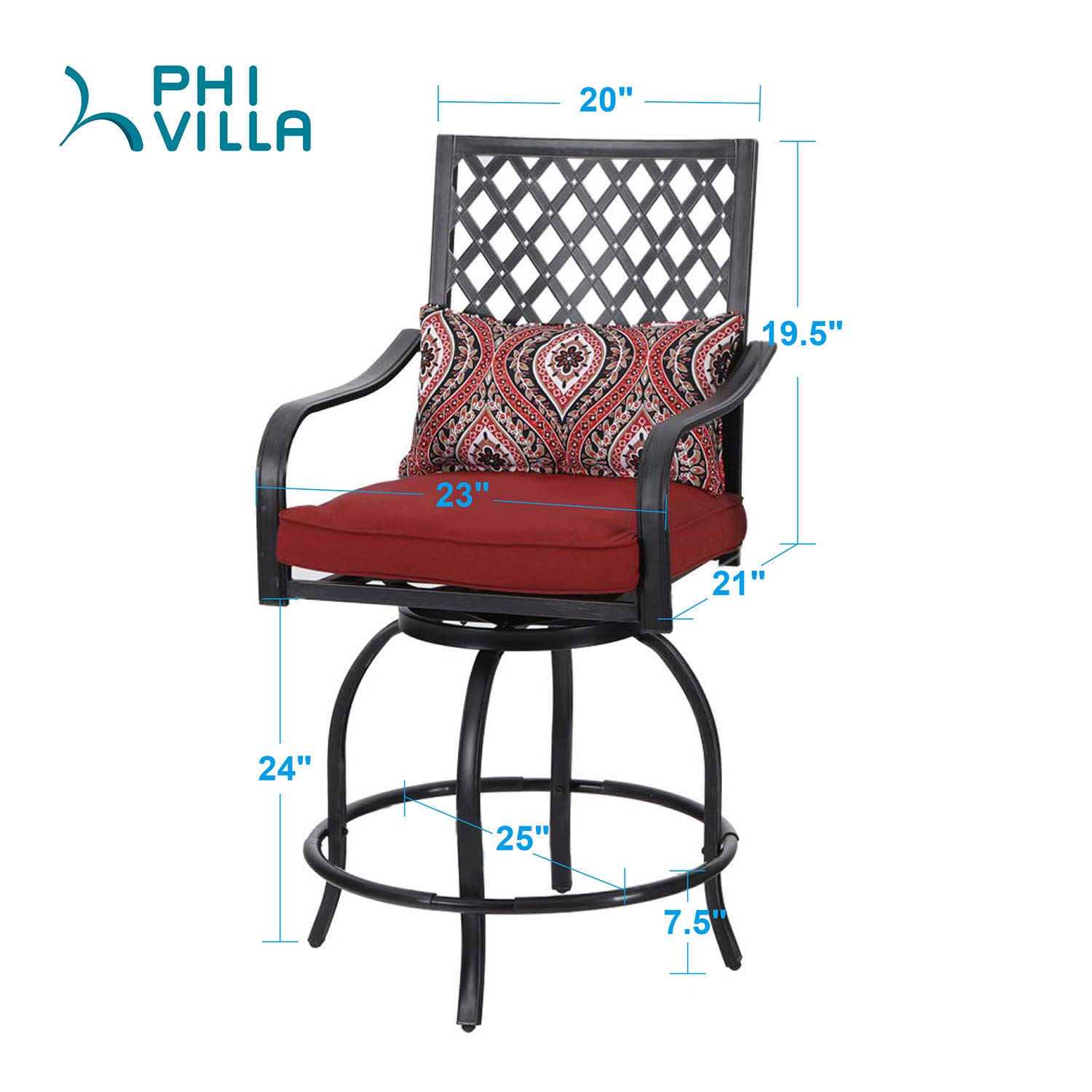 PHI VILLA 2-Piece Swivel Bar Stool Set - Outdoor Bar Height Bistro Chairs with Armrests & Cushions - All-Weather Metal Patio Furniture for Garden, Backyard, Lawn - Perfect for Poolside, Deck, or Outdoor Dining Areas - Red