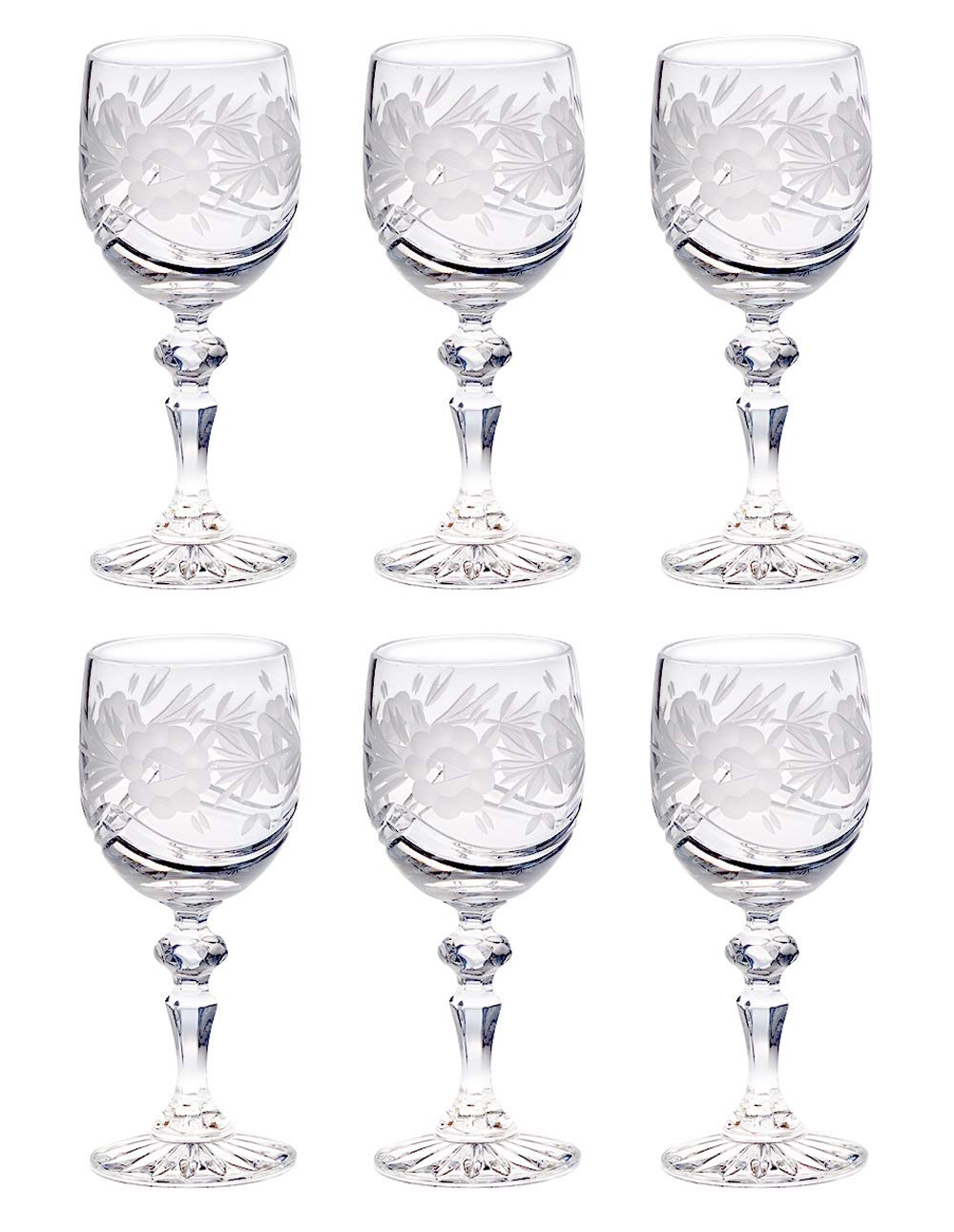 Barski 6-Piece Crystal Wine Goblet Set - Hand-Cut Flower Design - 6 oz Red & White Wine Glasses - European Quality Stemware for Dinner Parties, Weddings & Gifts