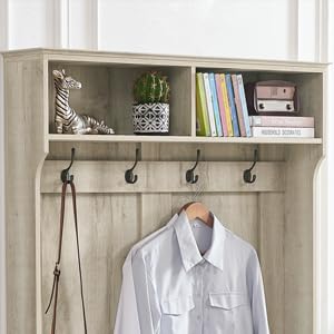 Farmhouse Hall Tree with Padded Storage Bench - Entryway Coat Rack & Shoe Cabinet - White Oak Mudroom Organizer for Coats, Shoes & Accessories - Perfect for Small Spaces, Apartments & Farmhouse Entryways