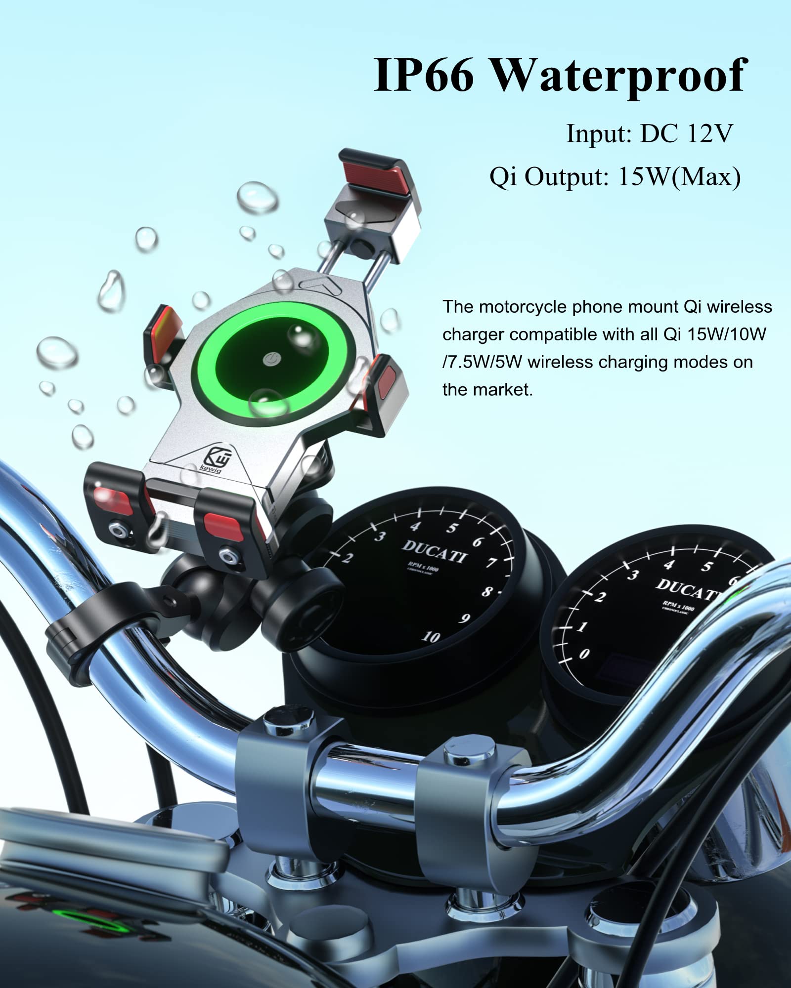 BRCOVAN Motorcycle Phone Mount with 15W Qi Wireless Charger & Vibration Dampener - Aluminum Alloy Anti-Theft Waterproof Handlebar Smartphone Holder for 4.7