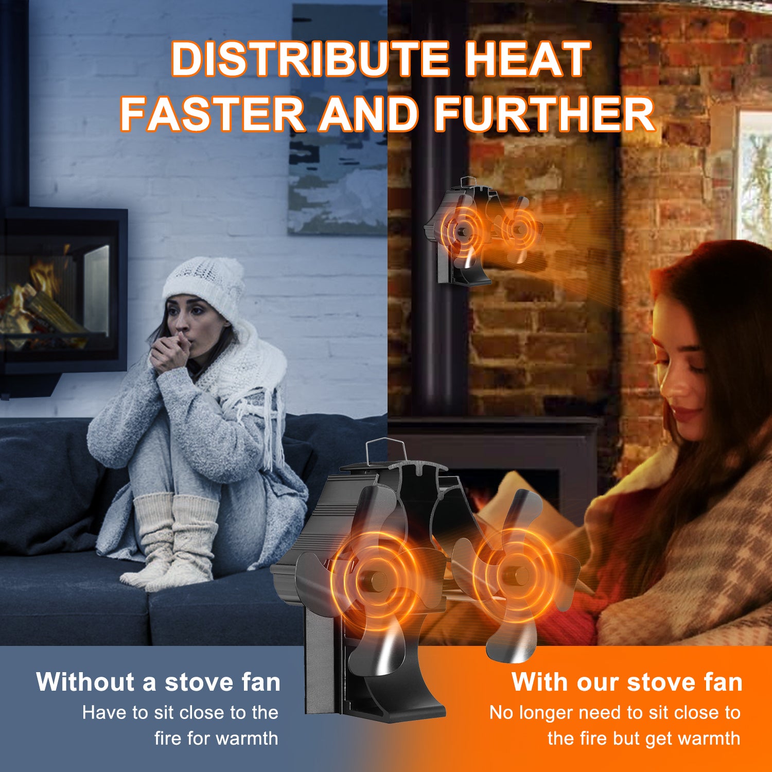 VODA Magnetic Wood Stove Fan - 3 in 1 No Power Required for Fireplace, Wood Stove & Stove Pipe - Perfect for Heating Efficiency & Home Comfort