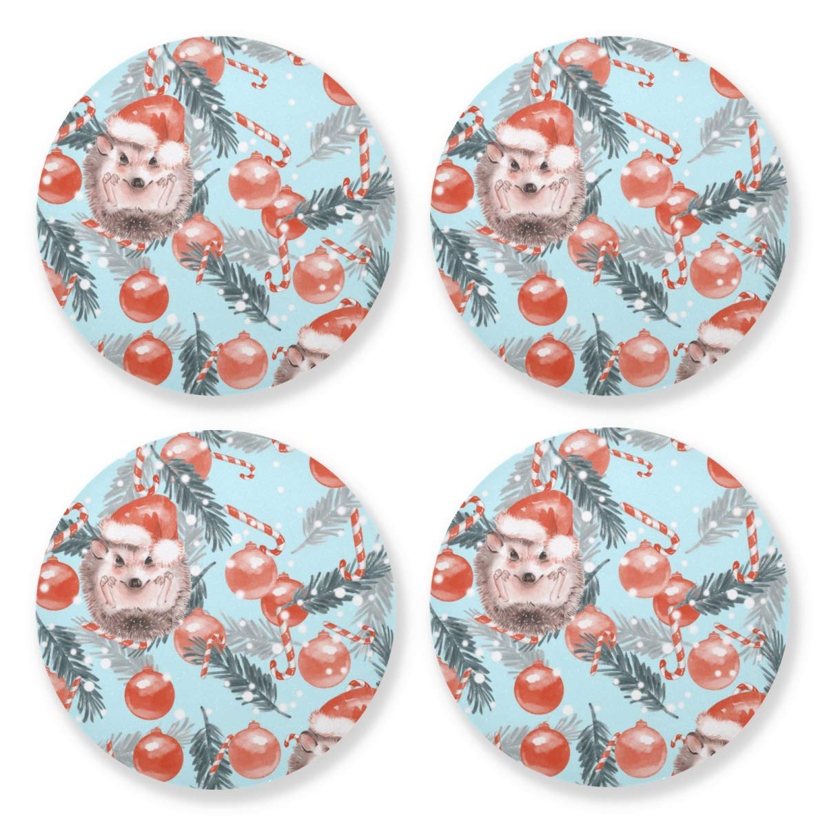 Hedgehog Drink Coasters Set of 4 - Absorbent Cork Cup Coasters for Coffee Table, Bar & Home Decor - Perfect Housewarming Gift for Christmas & New Year - Protects Furniture from Water Rings & Stains