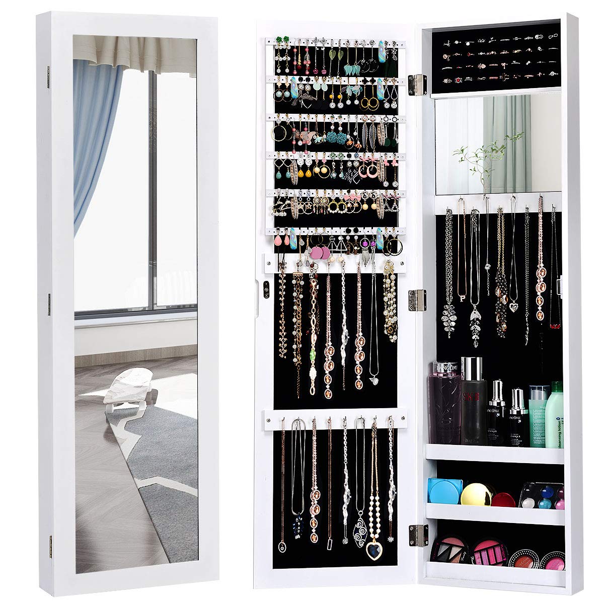 Giantex Jewelry Armoire Cabinet - Wall Mounted Full Length Mirror, Jewelry Organizer with Makeup Mirror, Ring & Earring Slots, Necklace Hooks - Large Capacity Storage for Necklaces, Bracelets, Earrings - Perfect for Bedroom, Closet & Dressing Room (White)