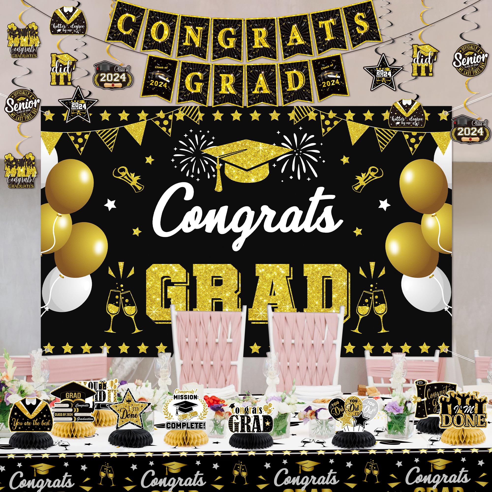 2024 Graduation Decor Kit - Black Gold Banner & Backdrop for Grad Party
