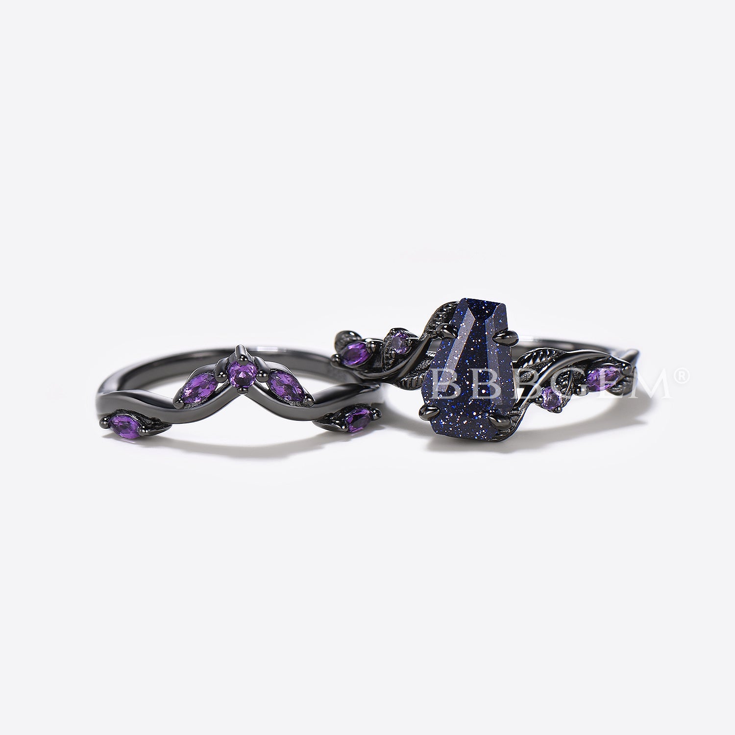 Black Gold Coffin Blue Sandstone Ring with Leaf Amethyst - Elegant Engagement Ring for Women | Perfect for Weddings, Anniversaries & Romantic Gifts