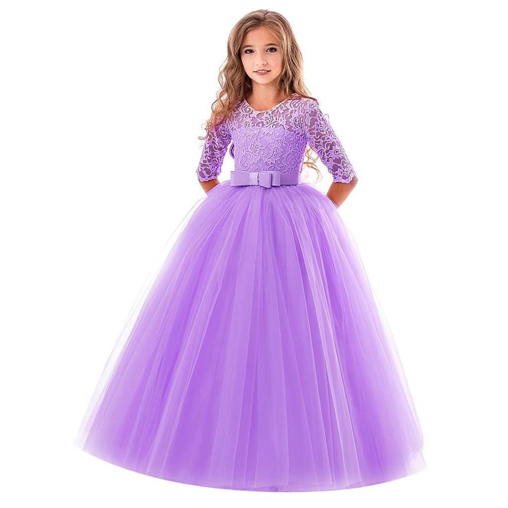Elegant Purple Lace Bowknot Tutu Dress for Girls 9-10 Years - Princess Wedding Flower Girl Dress, Formal Performance Party Attire, Half Sleeve Partywear for Special Occasions & Photo Shoots