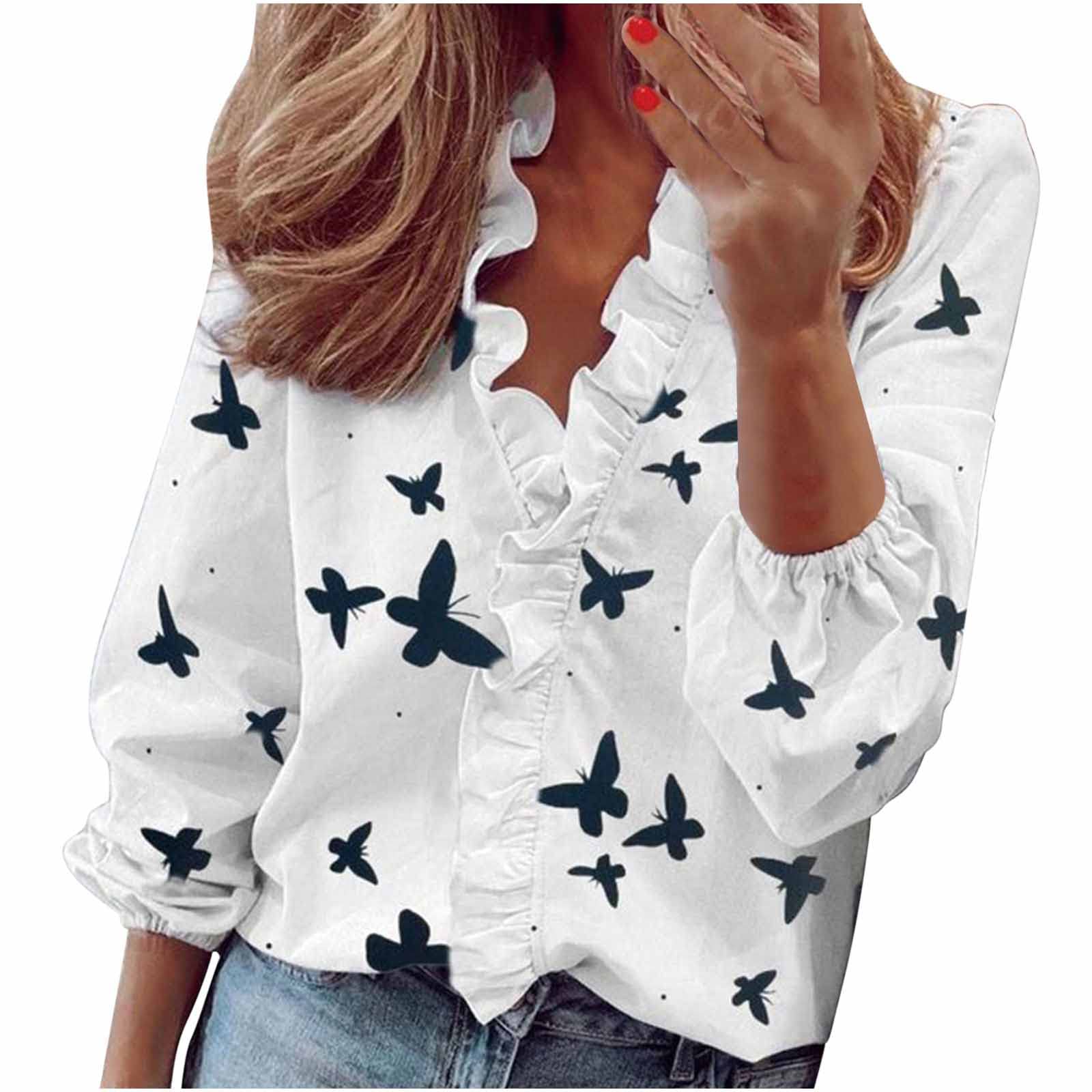 Women's Casual Loose V-Neck Long Sleeve Printed Blouse - Comfortable Flowy Tops for Everyday Wear, Work & Outings