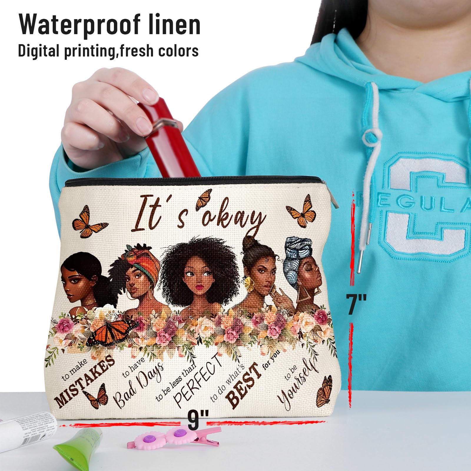 **African American Makeup Bag for Women - Inspirational Afro Black Cosmetic Travel Organizer with Zipper - Funny Small Purse Pouch for Toiletries & Accessories - Perfect for Travel, Gifts & Daily Use**