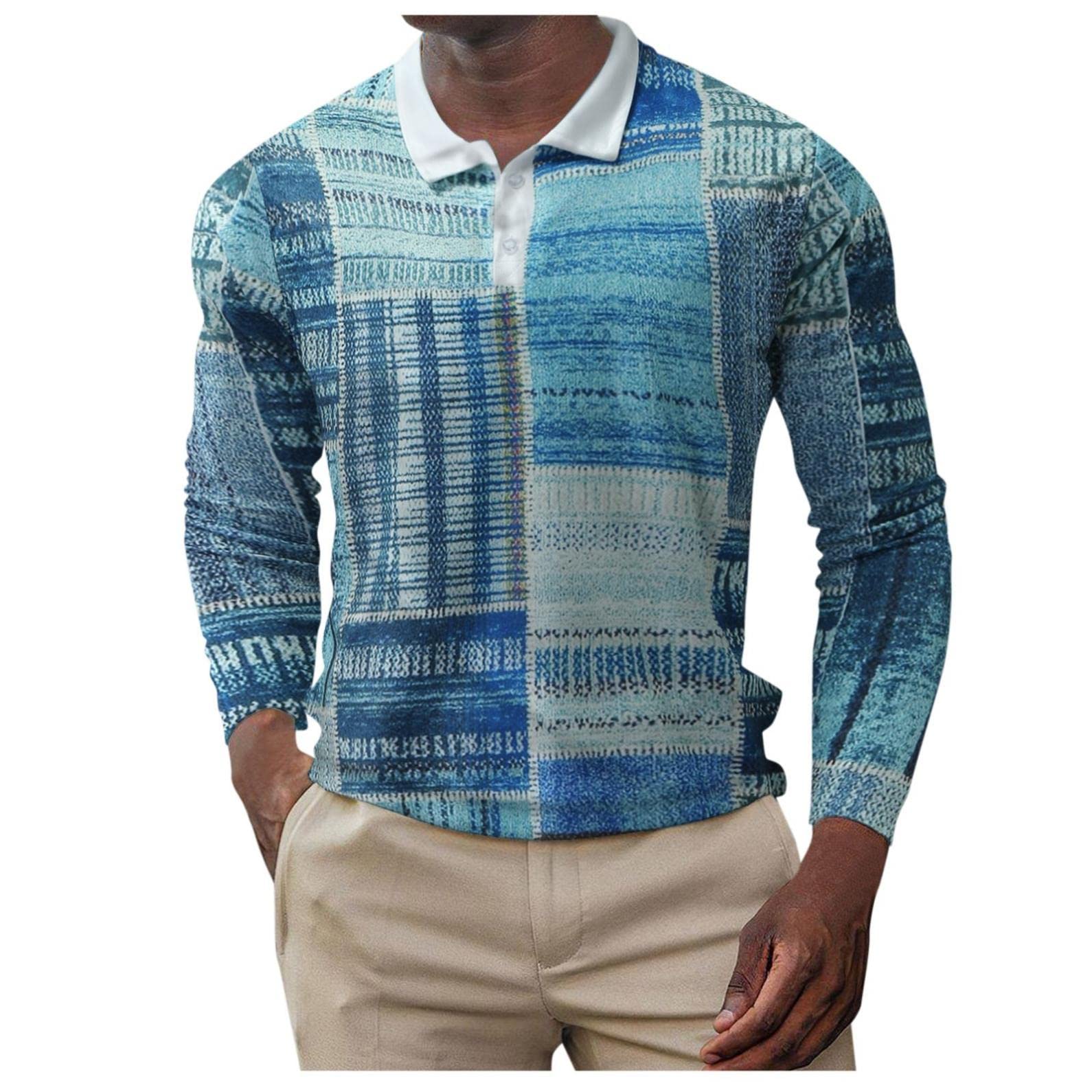 NOLDARES Men's Slim Fit Long Sleeve Polo Shirts - Striped Printed Cotton Linen Button Down Shirt for Office, Business Casual & Outdoor Activities