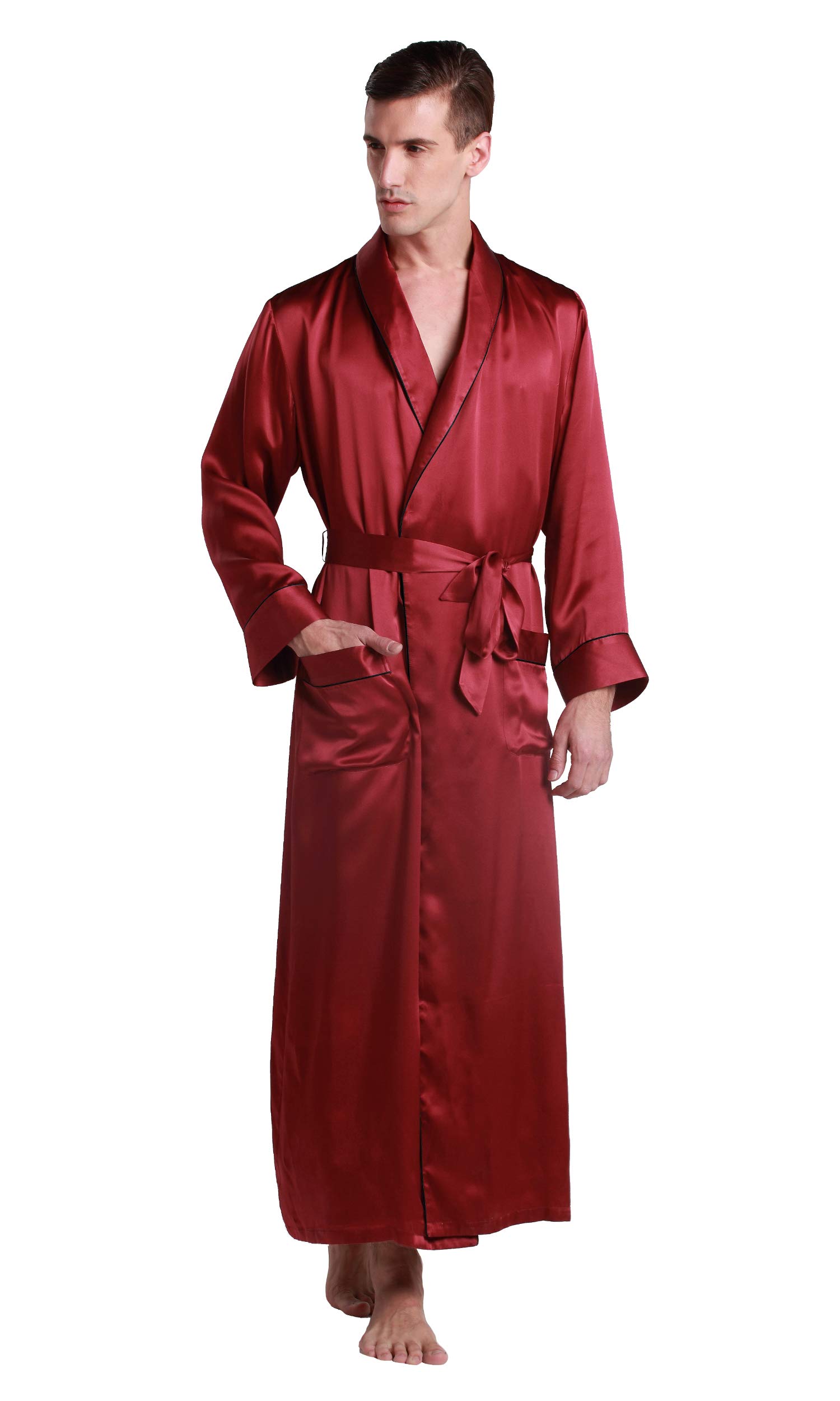 Luxury 100% Silk Men's Robe - Full Length Bathrobe with Contrast Trim for Spa, Lounge & Home Relaxation