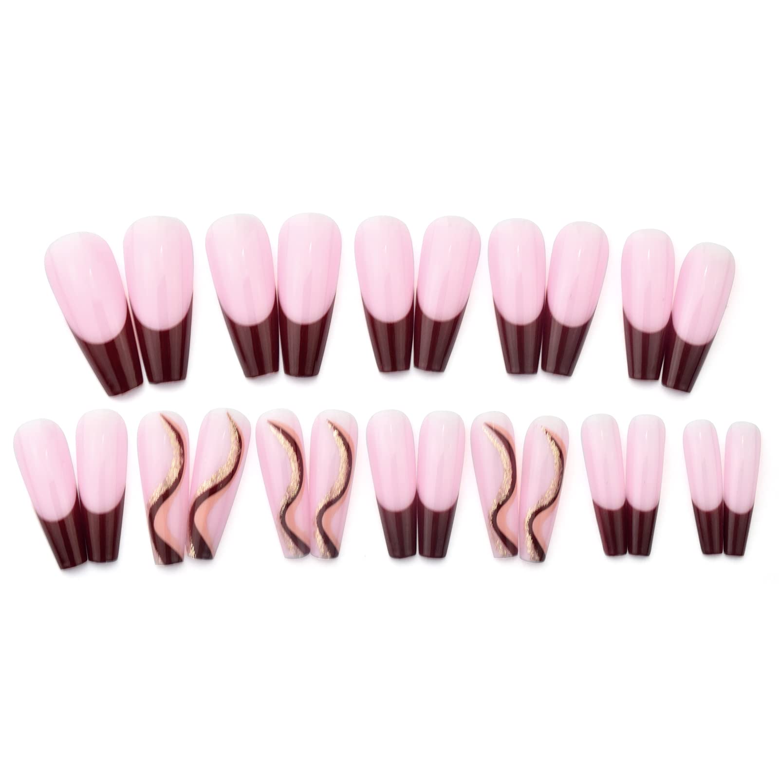 24 Pcs Long Press on Nails - Nude Blue Ribbon Sweet Heart Coffin Fake Nails with Glossy Finish | Includes Nail Glue & Adhesive Tabs | Perfect for Nail Art, Parties, Weddings & Special Occasions (Pink Brown Red, T09-06)